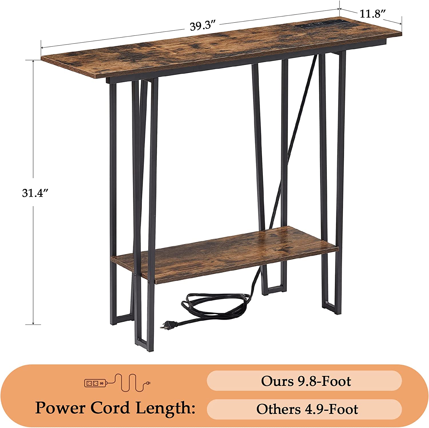 VECELO Couch Side & Console Table with 2 Outlets & 2 USB Ports - VECELO