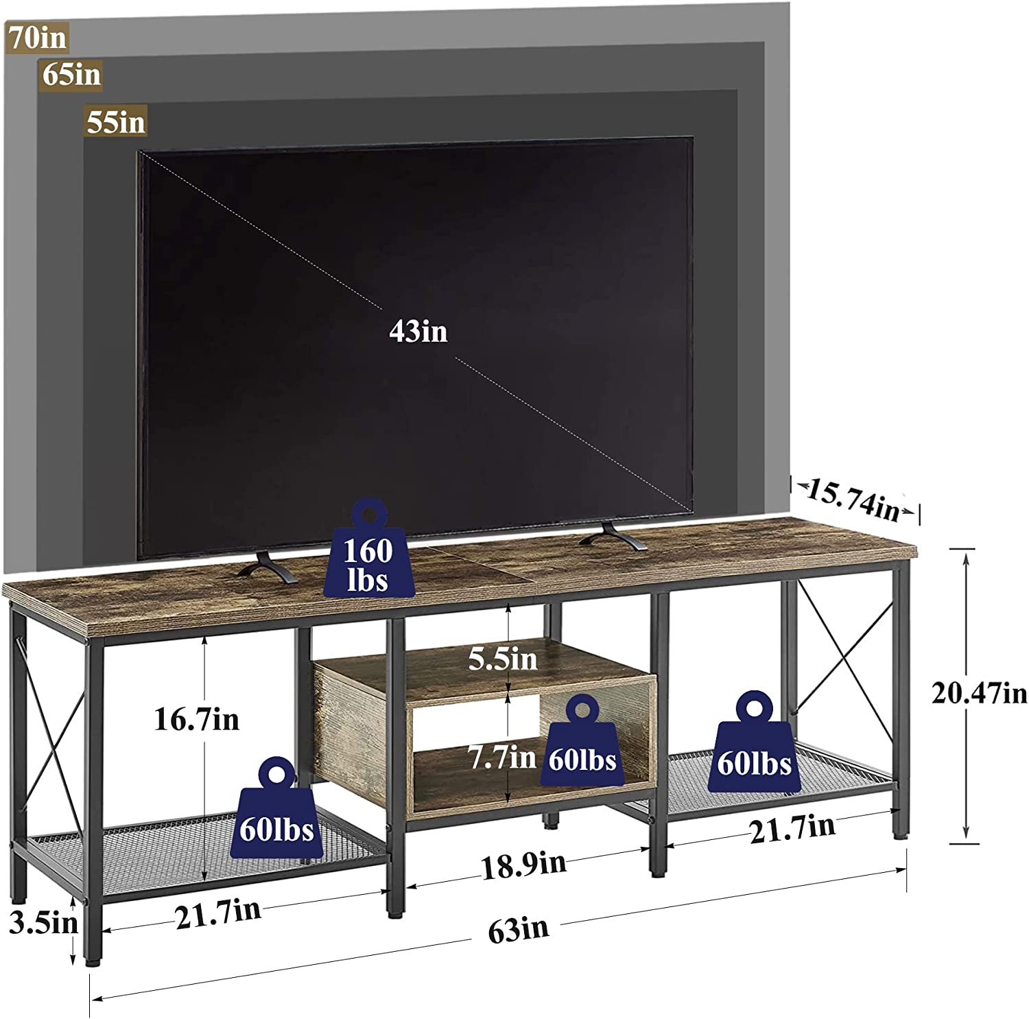 VECELO Industrial TV Stand Television Cabinet 3-Tier Console with Open Storage Shelves, Entertainment Center with Metal Frame for Living Room - VECELO