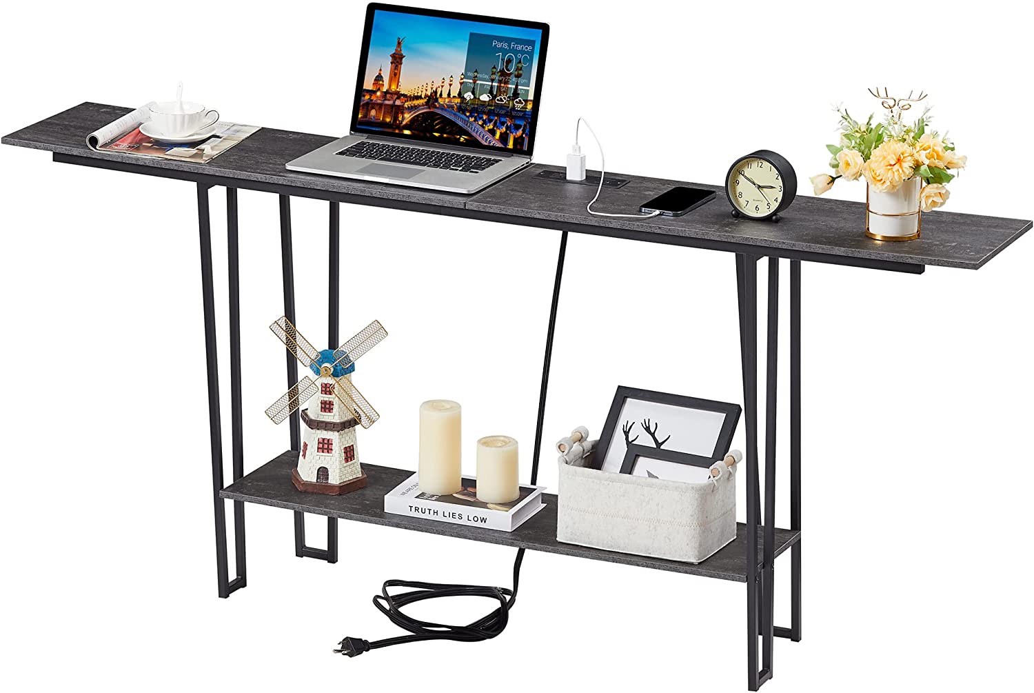 VECELO Couch Side & Console Table with 2 Outlets & 2 USB Ports - VECELO