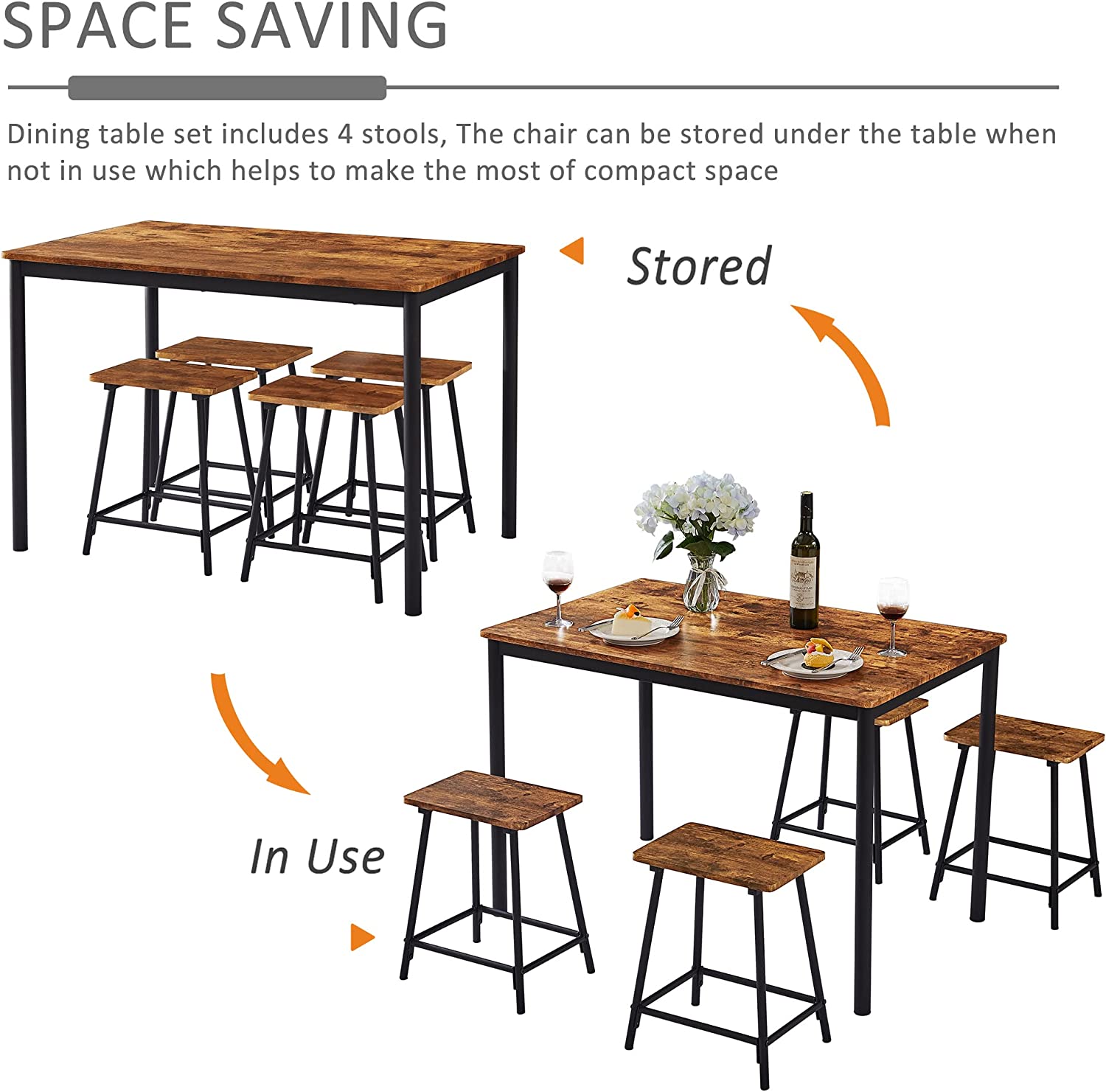 VECELO 5-Piece Dining Table Set Metal and Wood Kitchen Furniture with 4 Stools
