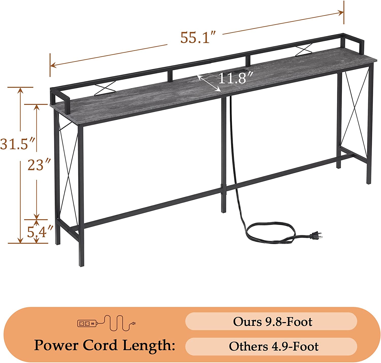 VECELO Extra Long Entryway Narrow Sofa Couch Behind Console Table with Power Outlet & USB Ports - VECELO