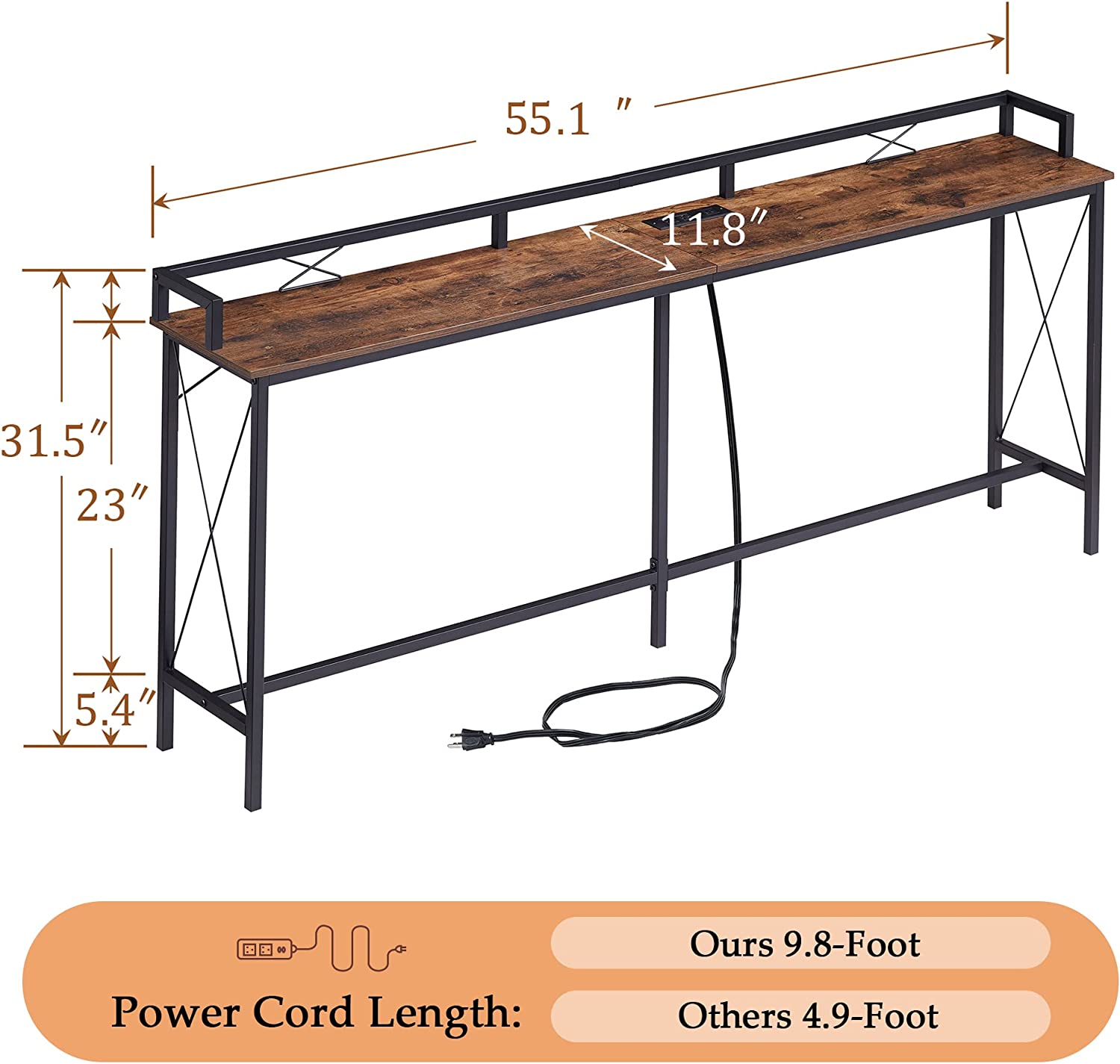 VECELO Extra Long Entryway Narrow Sofa Couch Behind Console Table with Power Outlet & USB Ports - VECELO