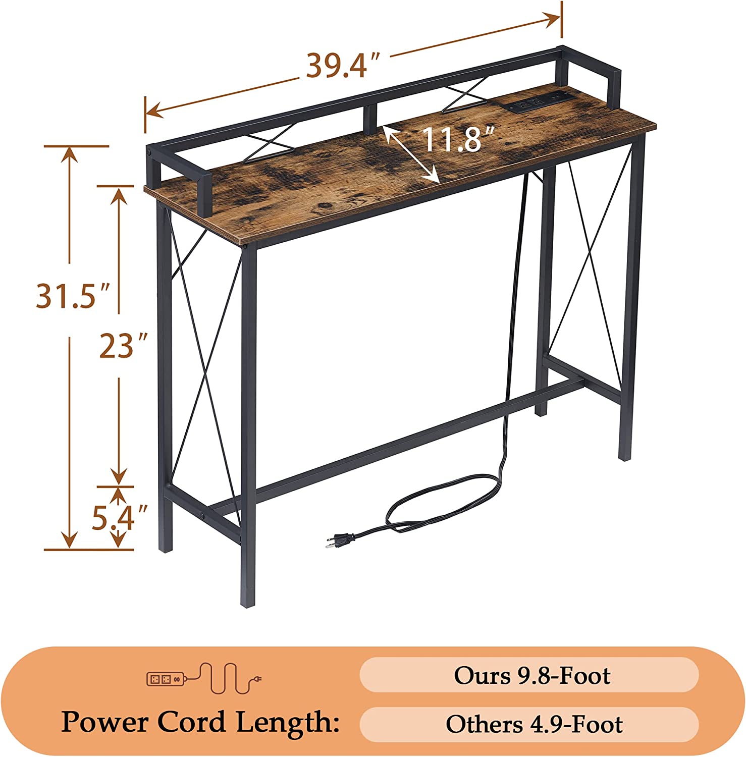 VECELO Extra Long Entryway Narrow Sofa Couch Behind Console Table with Power Outlet & USB Ports - VECELO