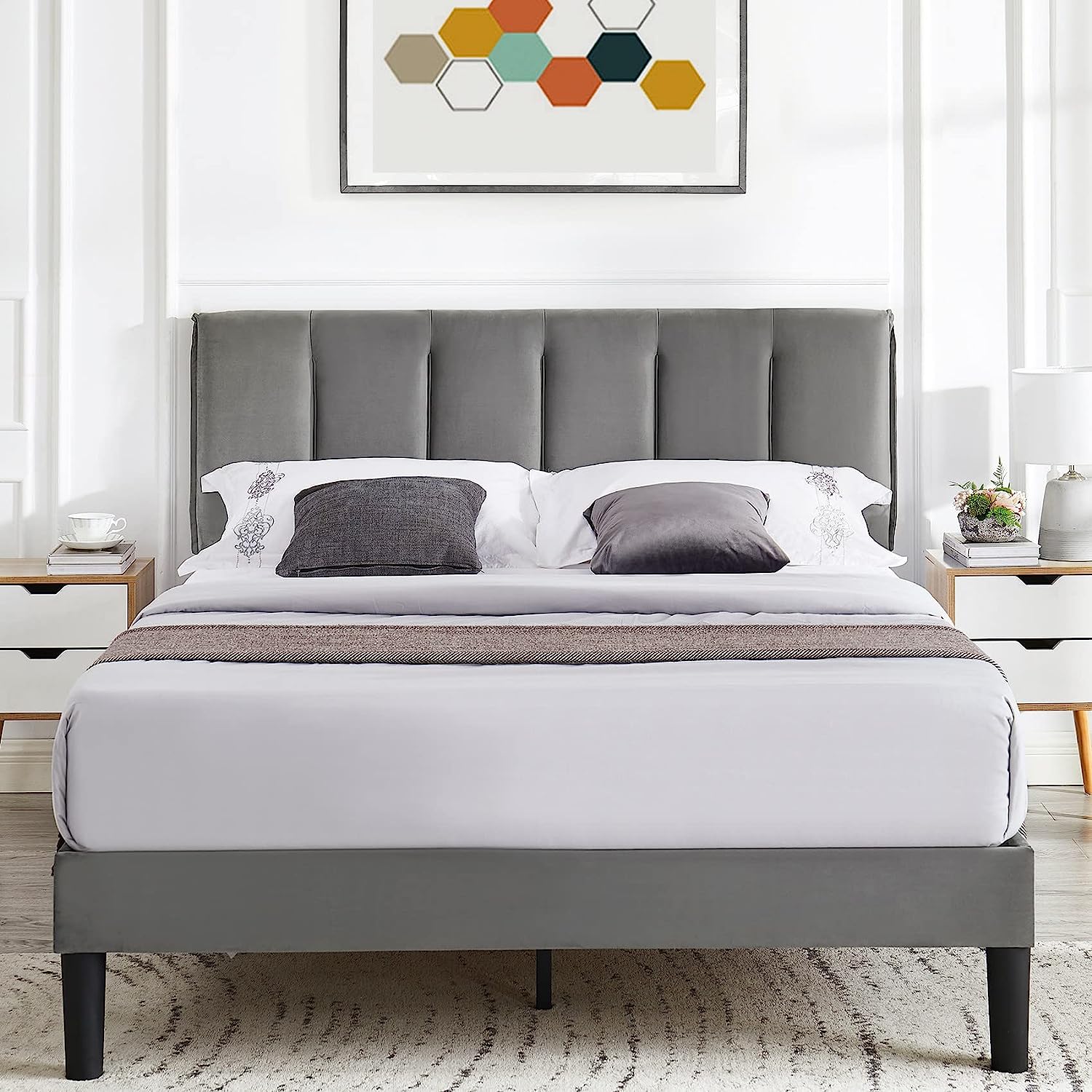 VECELO Modern Upholstered Platform Bedframe, Adjustable Headboard
