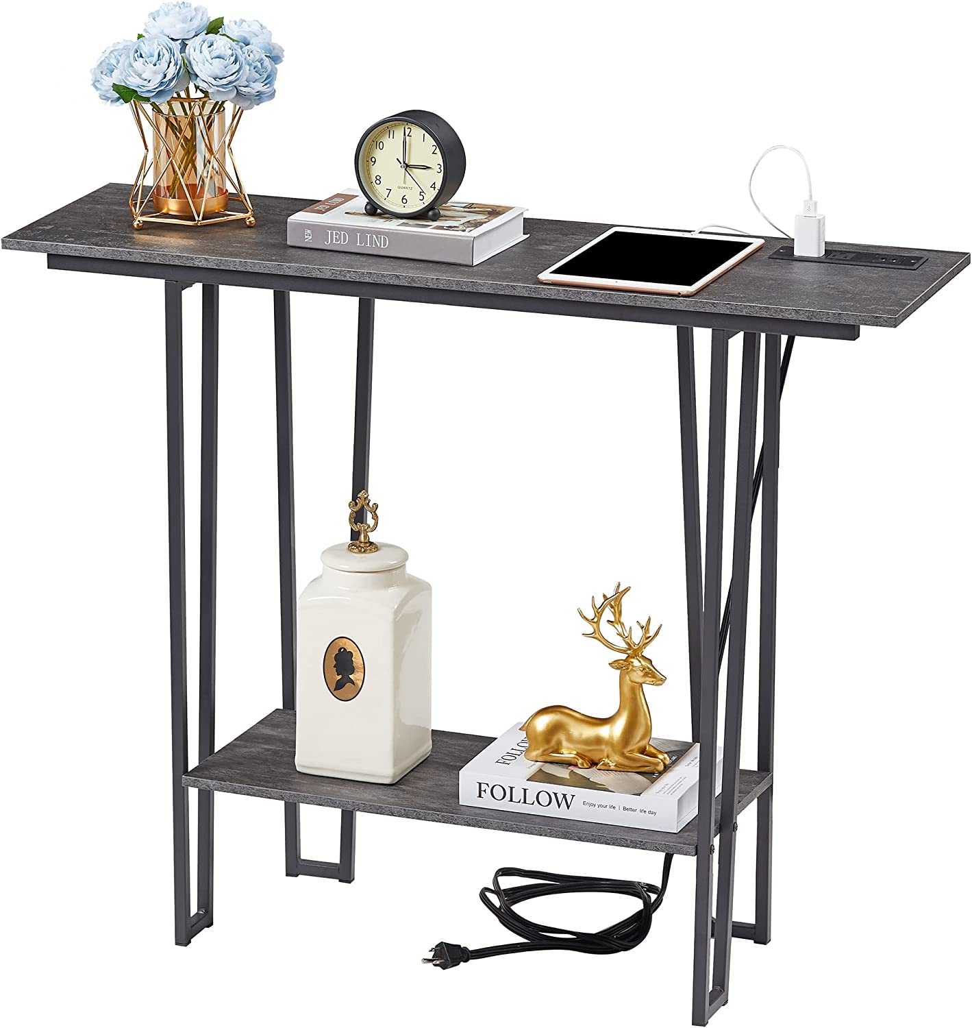 VECELO Couch Side & Console Table with 2 Outlets & 2 USB Ports - VECELO