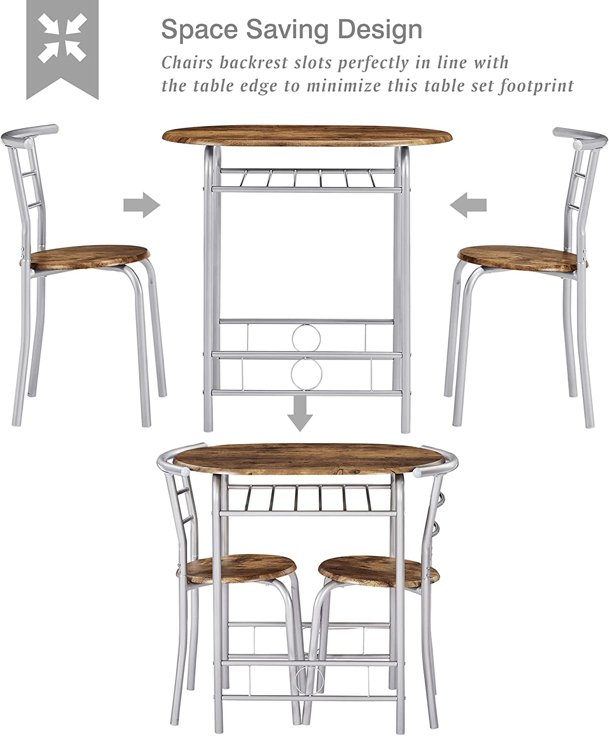 VECELO 3 Piece Wood Round Table & Chair Set with Wine Storage Rack for Dining Room Kitchen Bar Breakfast - VECELO