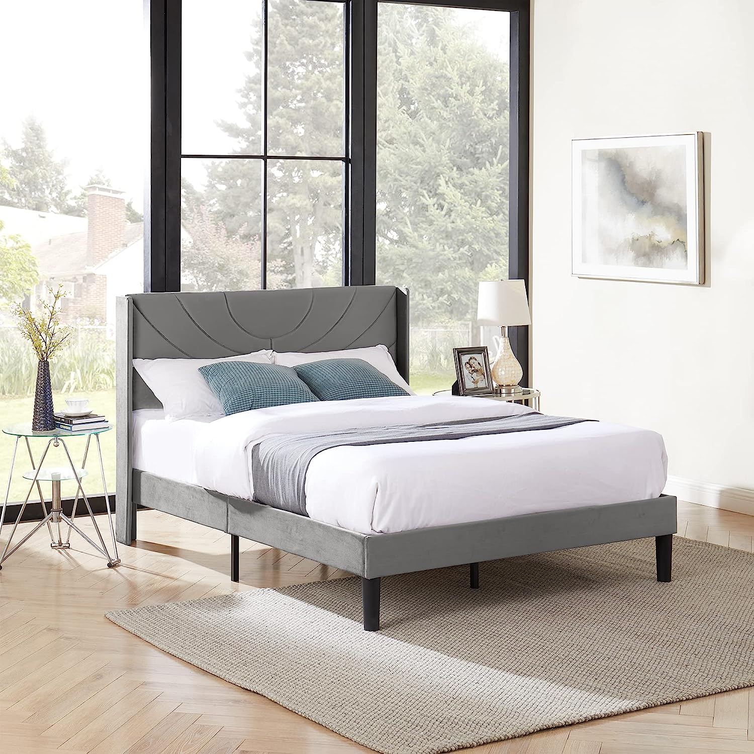 VECELO Upholstered Platform Bed Frame with Adjustable Fabric Headboard