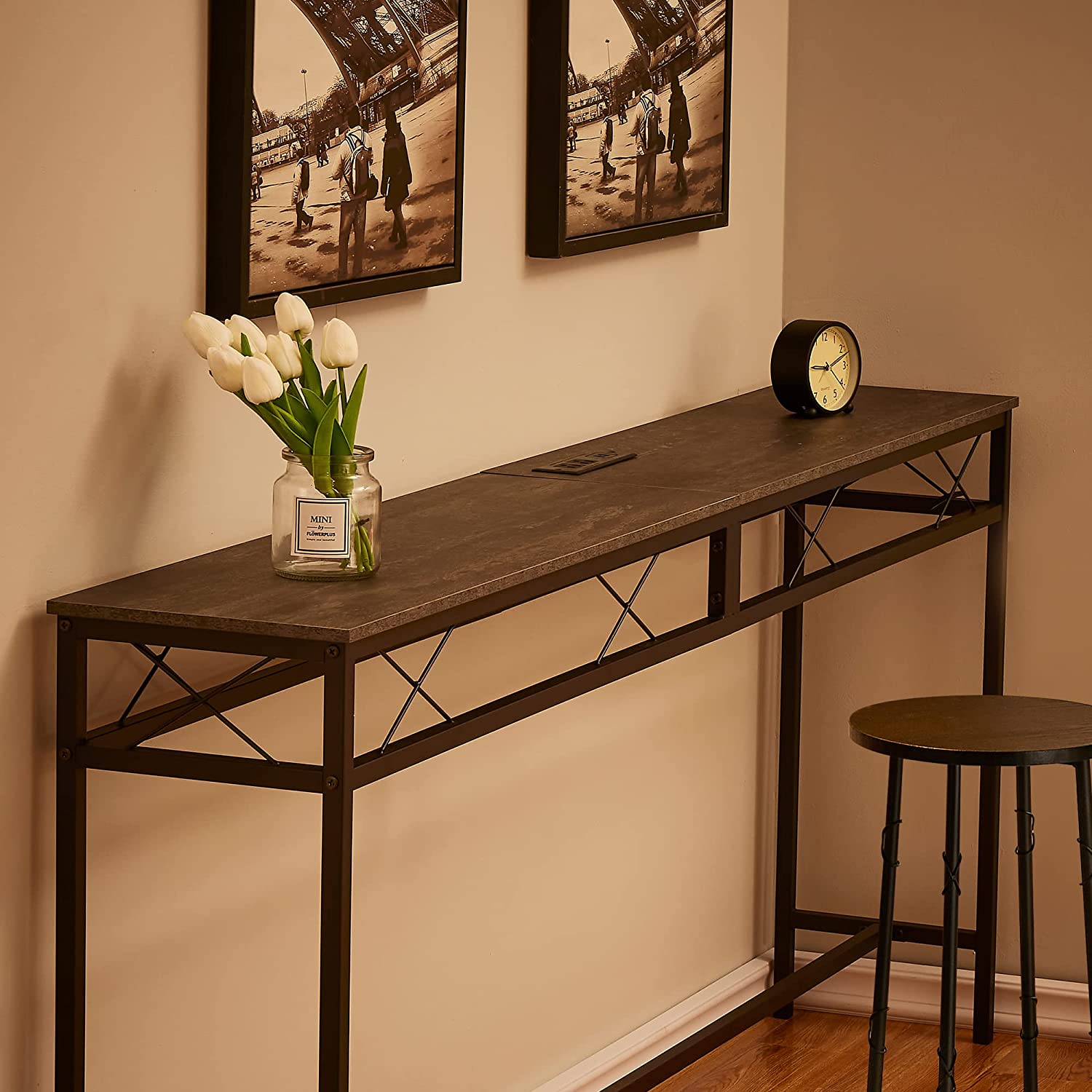 VECELO Extra Long Narrow Sofa/Console Table with Charging Station & Power Outlet and USB Ports - VECELO