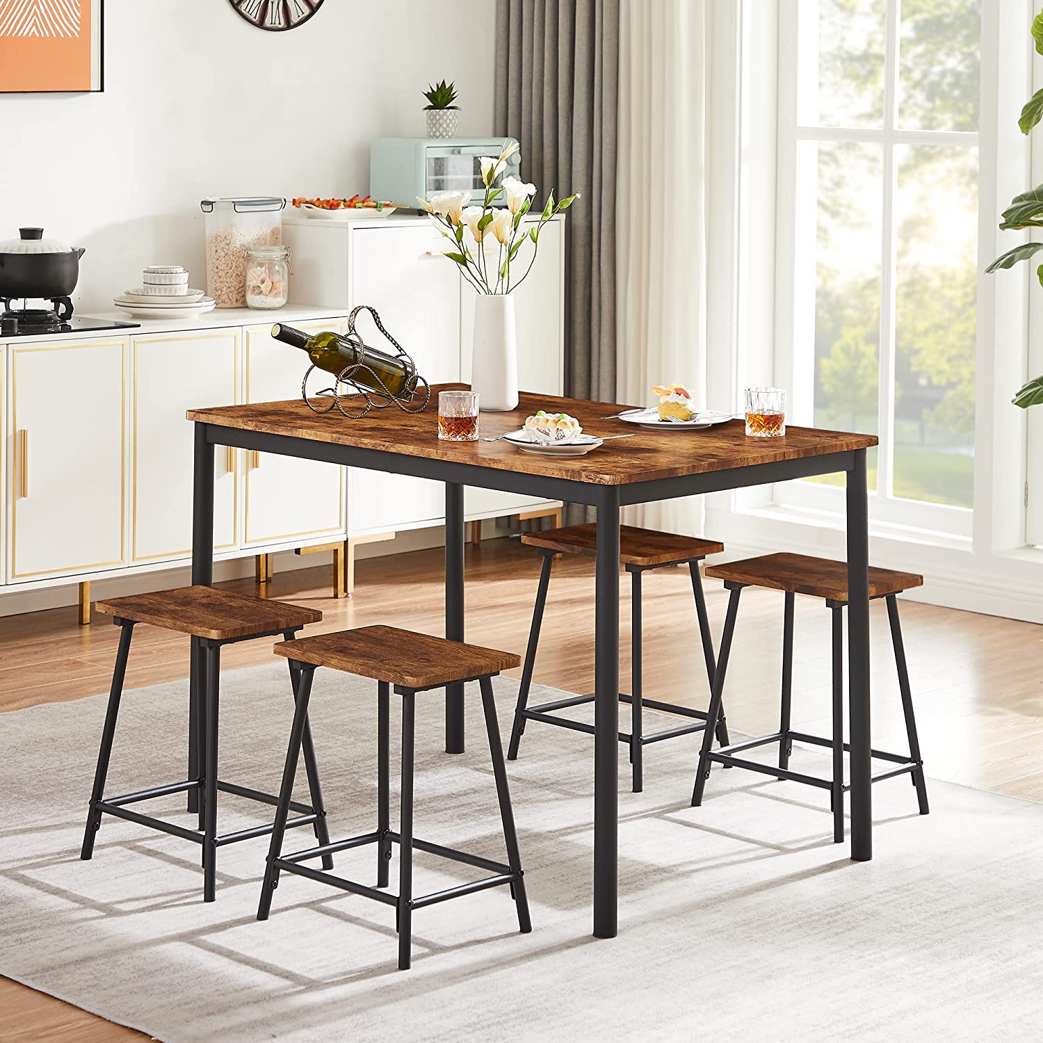 VECELO 5-Piece Dining Table Set Metal and Wood Kitchen Furniture with 4 Stools