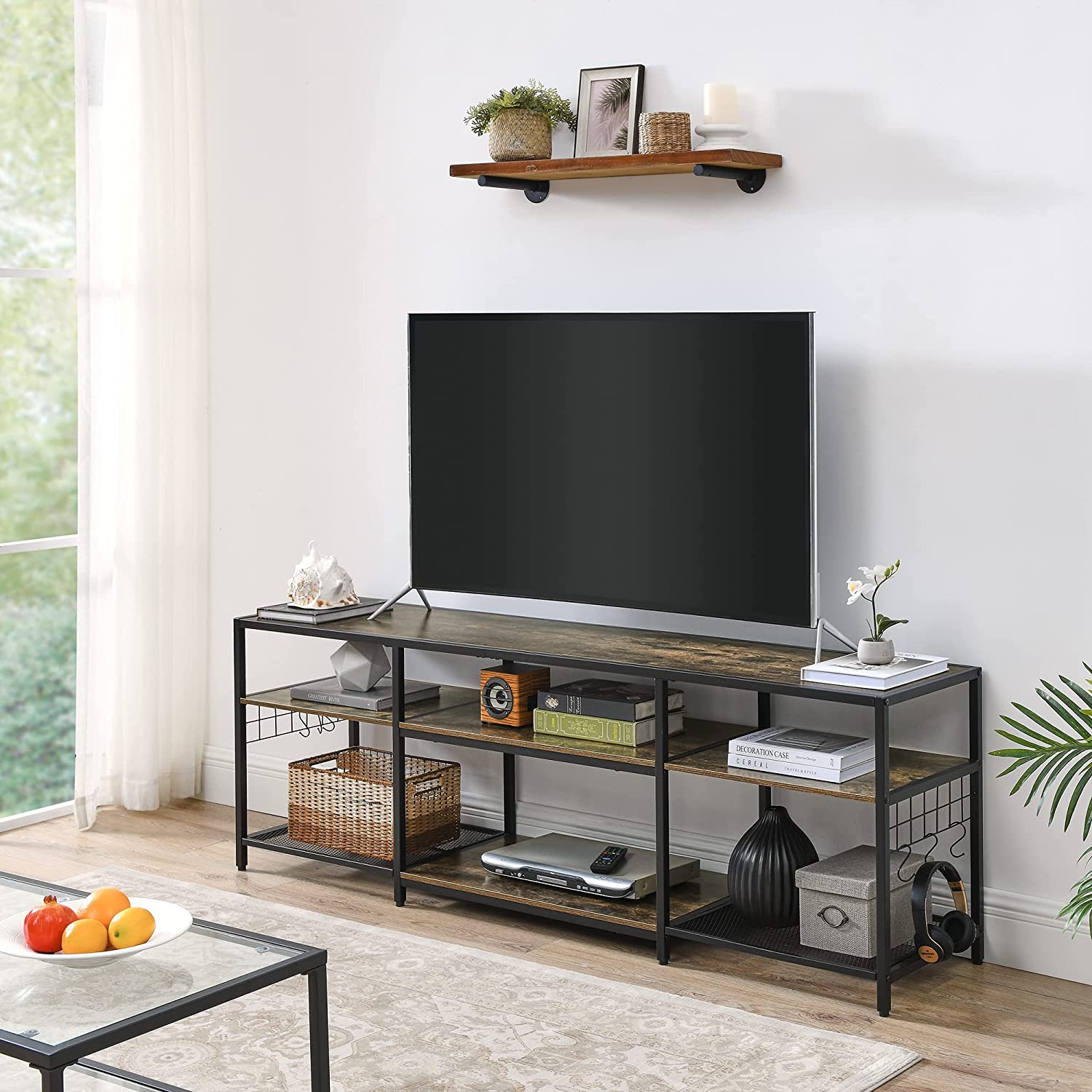VECELO TV Stand Entertainment Center Media Console with 3-Tier Open Storage Shelves, Cabinet Table for Living Room Brown