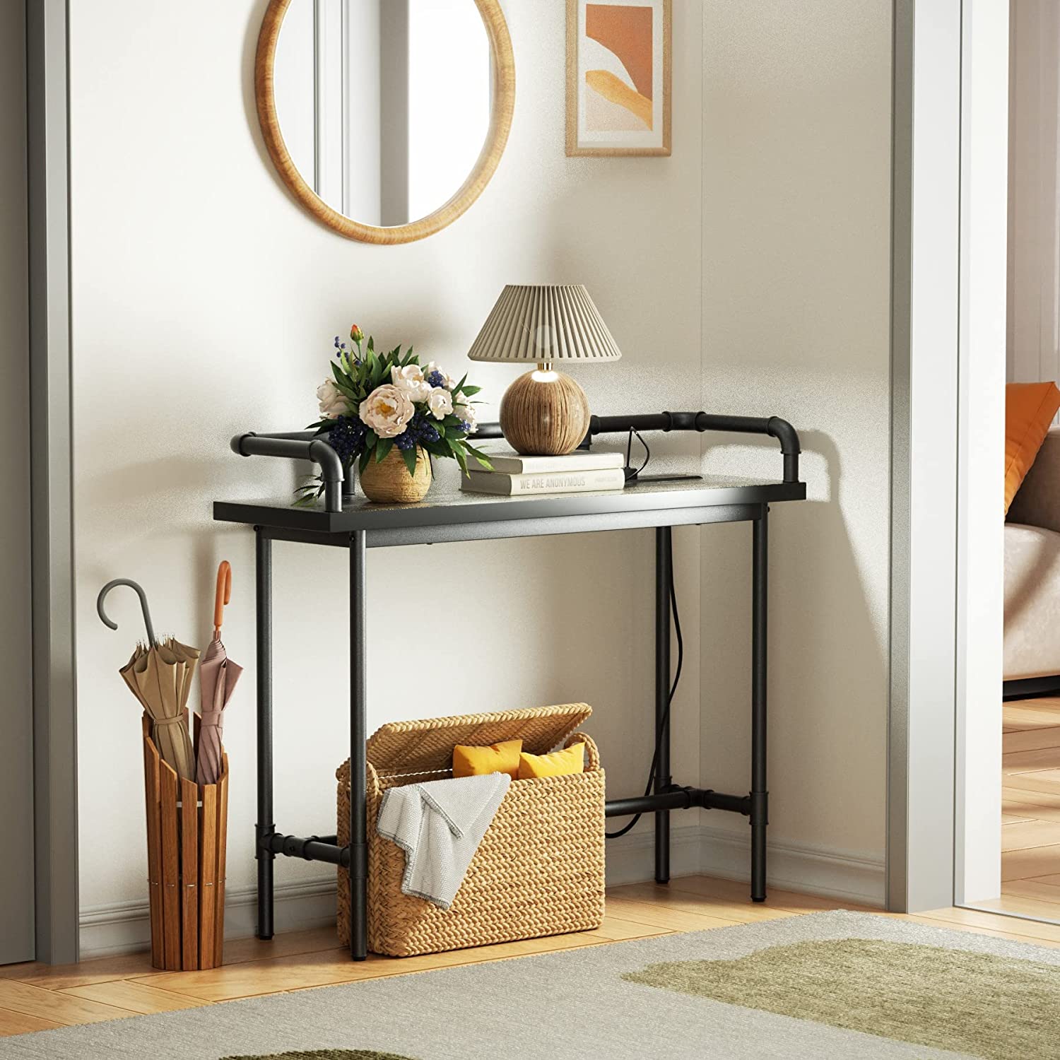 VECELO Extra Long Console/Sofa Table with Charging Station&Power Outle - VECELO