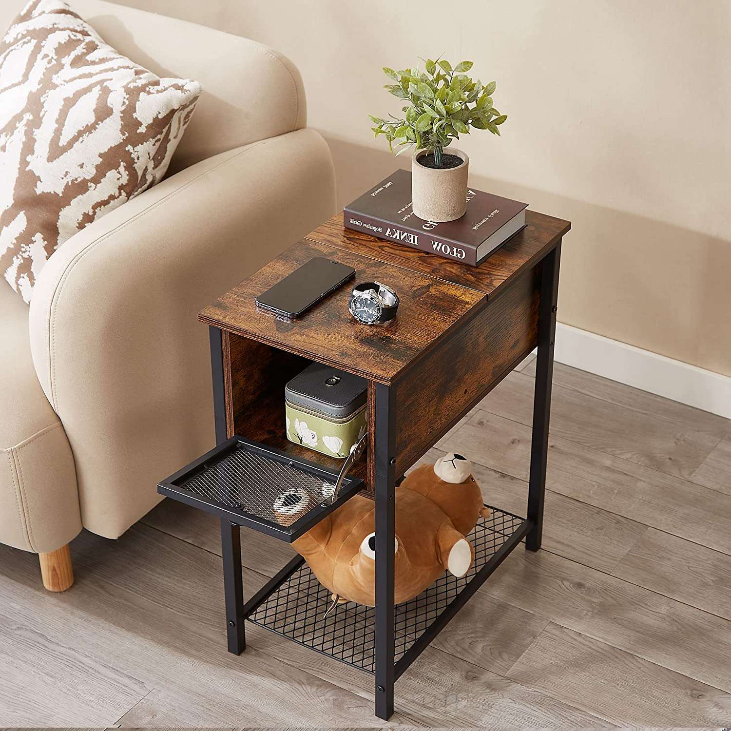 VECELO 24''Tall Flip Top Narrow Side Table with Storage Shelf for Living Room - VECELO