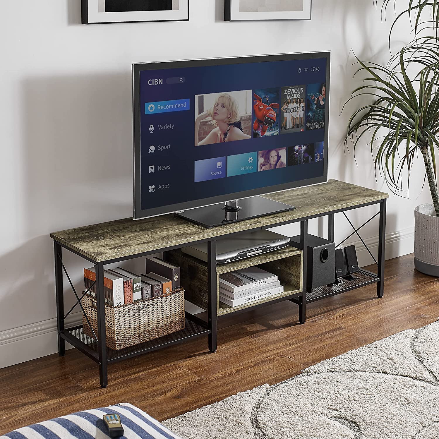 VECELO Industrial TV Stand Television Cabinet 3-Tier Console with Open Storage Shelves, Entertainment Center with Metal Frame for Living Room - VECELO