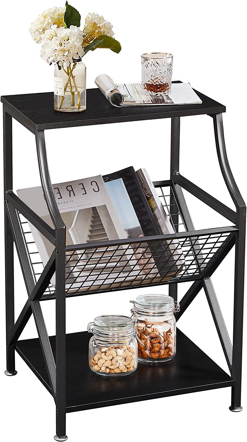 VECELO 3-Tier End Table with Storage Magazine Holder - VECELO