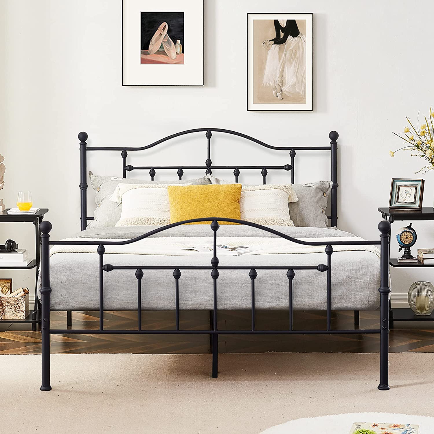 VECELO Classical Black Bed Frame Metal Platform Mattress Foundation with Headboard & Footboard - VECELO