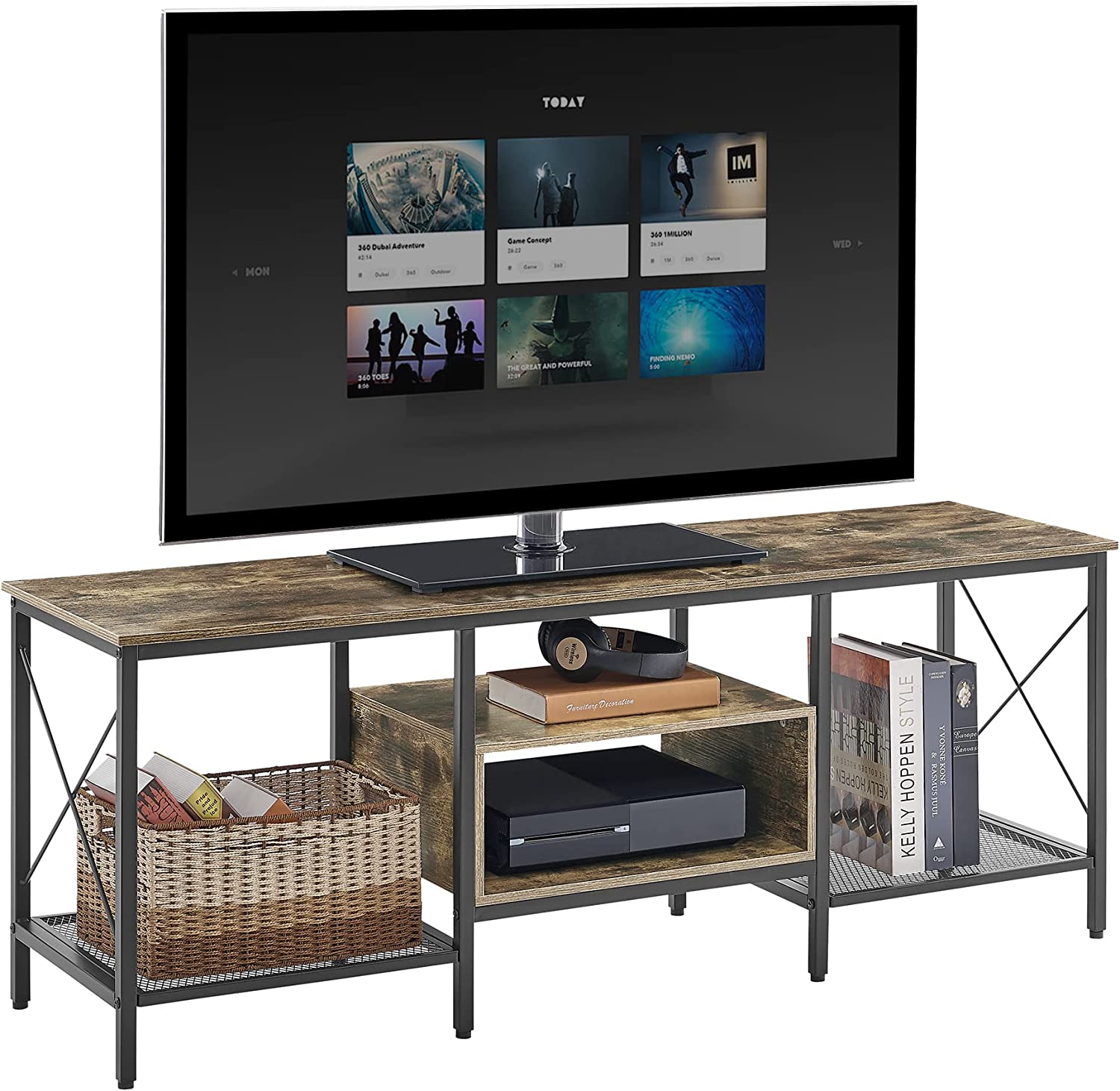 VECELO Industrial TV Stand Television Cabinet 3-Tier Console with Open Storage Shelves, Entertainment Center with Metal Frame for Living Room - VECELO