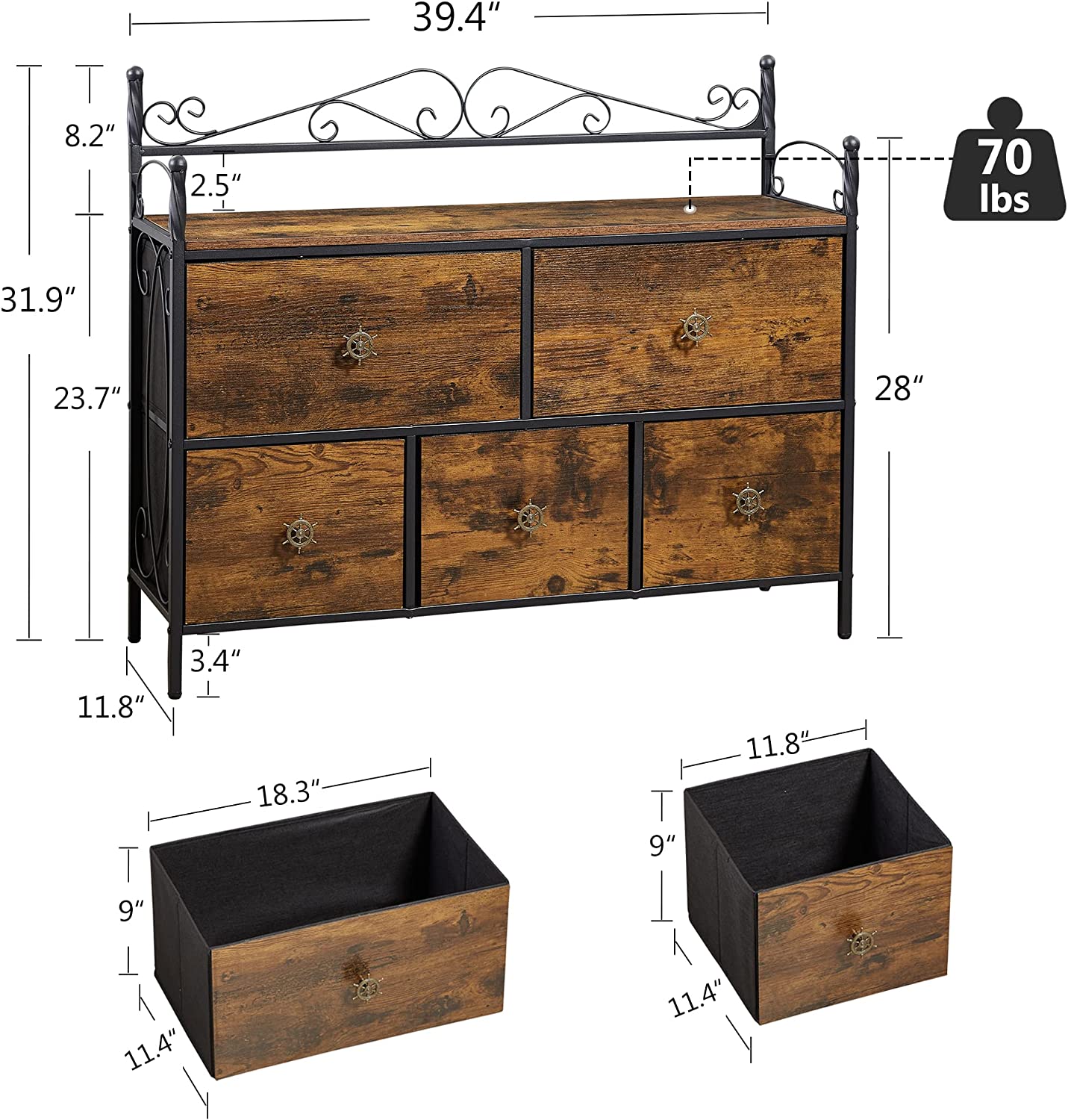 VECELO Dresser for Bedroom with 5 Drawers, Storage Organizer Unit with Shelf for Closet, Living Room - VECELO