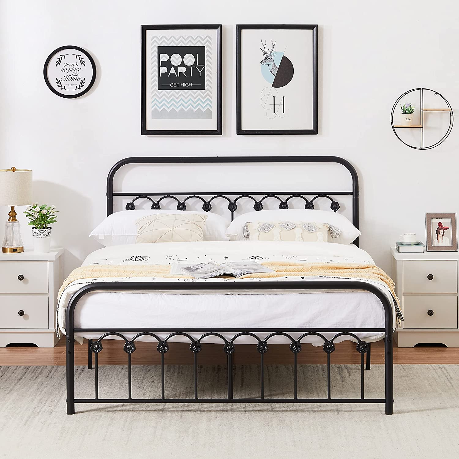 VECELO Metal Bed Frame/Mattress Foundation with Vintage Flower Headboard & Footboard