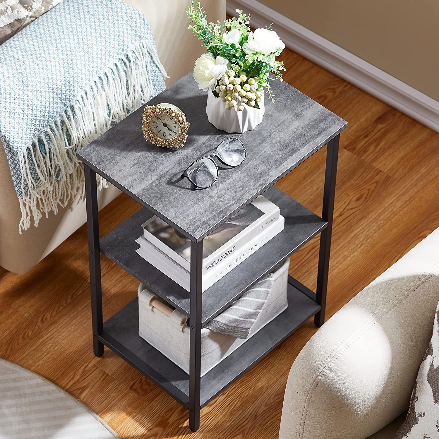 VECELO End Side Table with Storage Shelves Industrial Night Stand, 3-Tier Slim Nightstand for Living Room, Bedroom