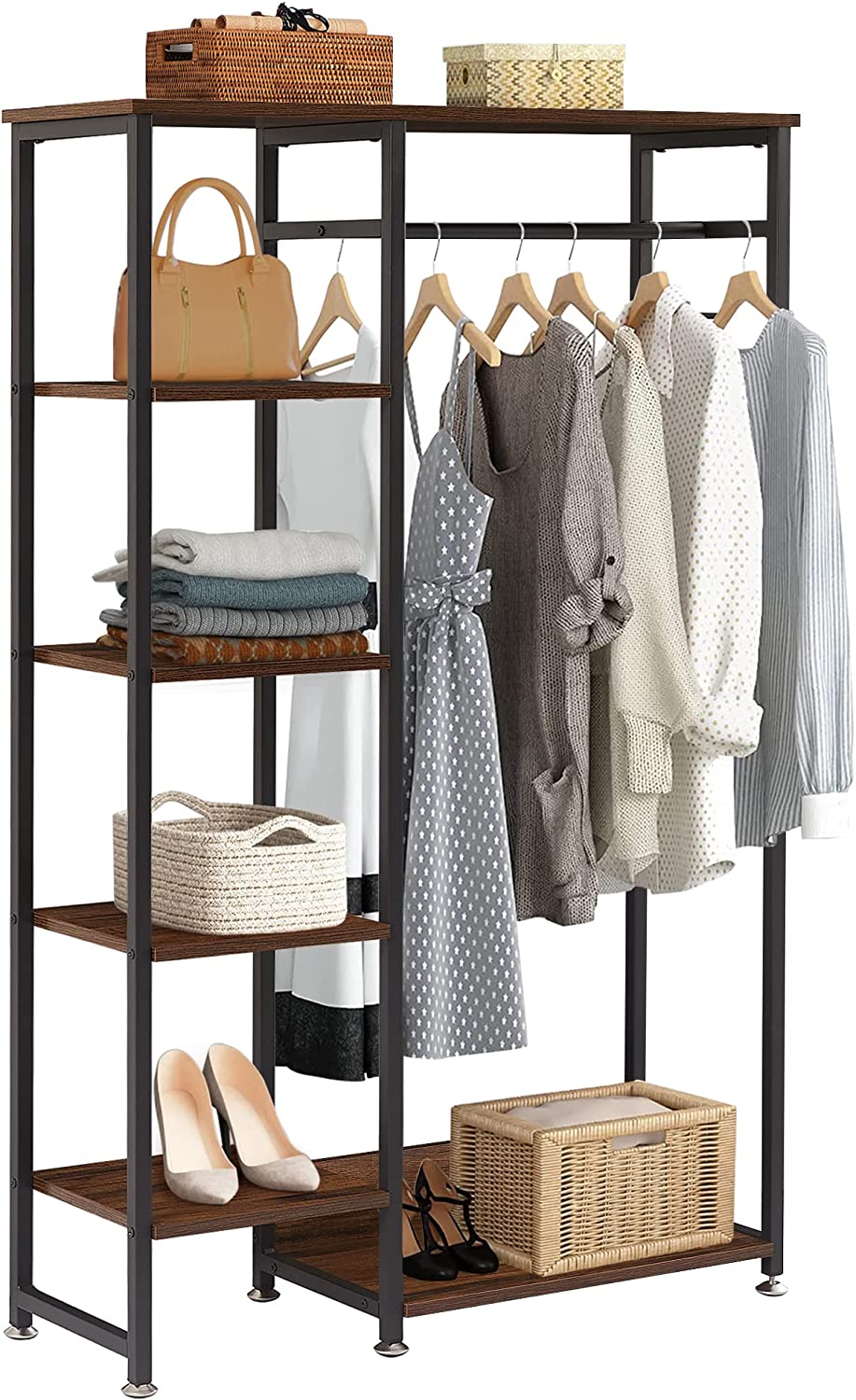 VECELO Open Garment Clothing Rack, Free-Standing Heavy Duty Storage Closet with 5 Shelves and Hanging Rod