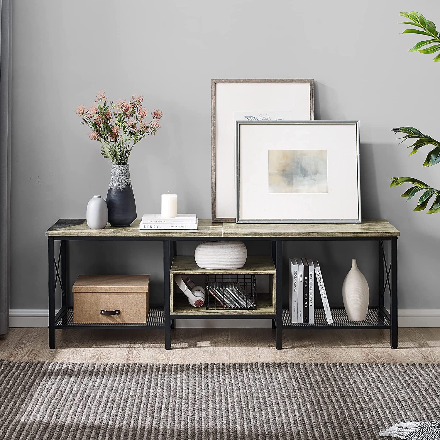 VECELO Industrial TV Stand Television Cabinet 3-Tier Console with Open Storage Shelves, Entertainment Center with Metal Frame for Living Room - VECELO