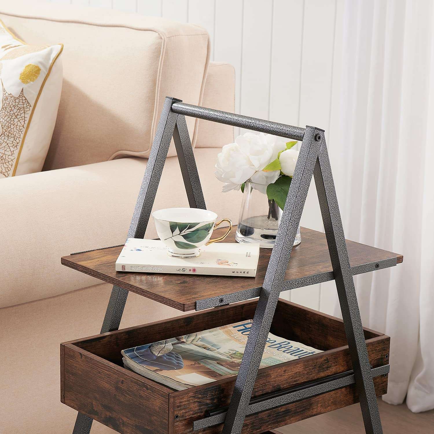 VECELO 3-Tier Industrial Versatile End Side Table with Large Storage