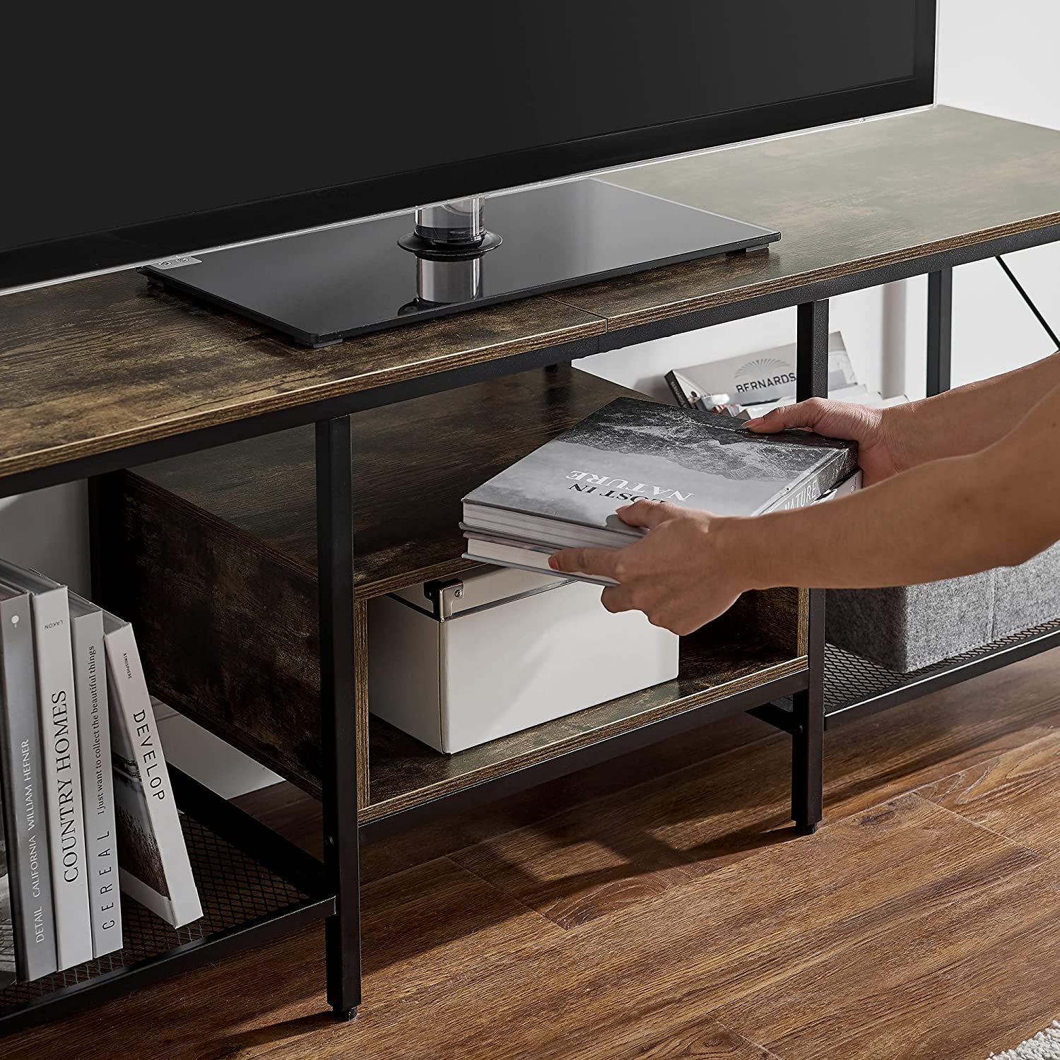 VECELO Industrial TV Stand Television Cabinet 3-Tier Console with Open Storage Shelves, Entertainment Center with Metal Frame for Living Room - VECELO