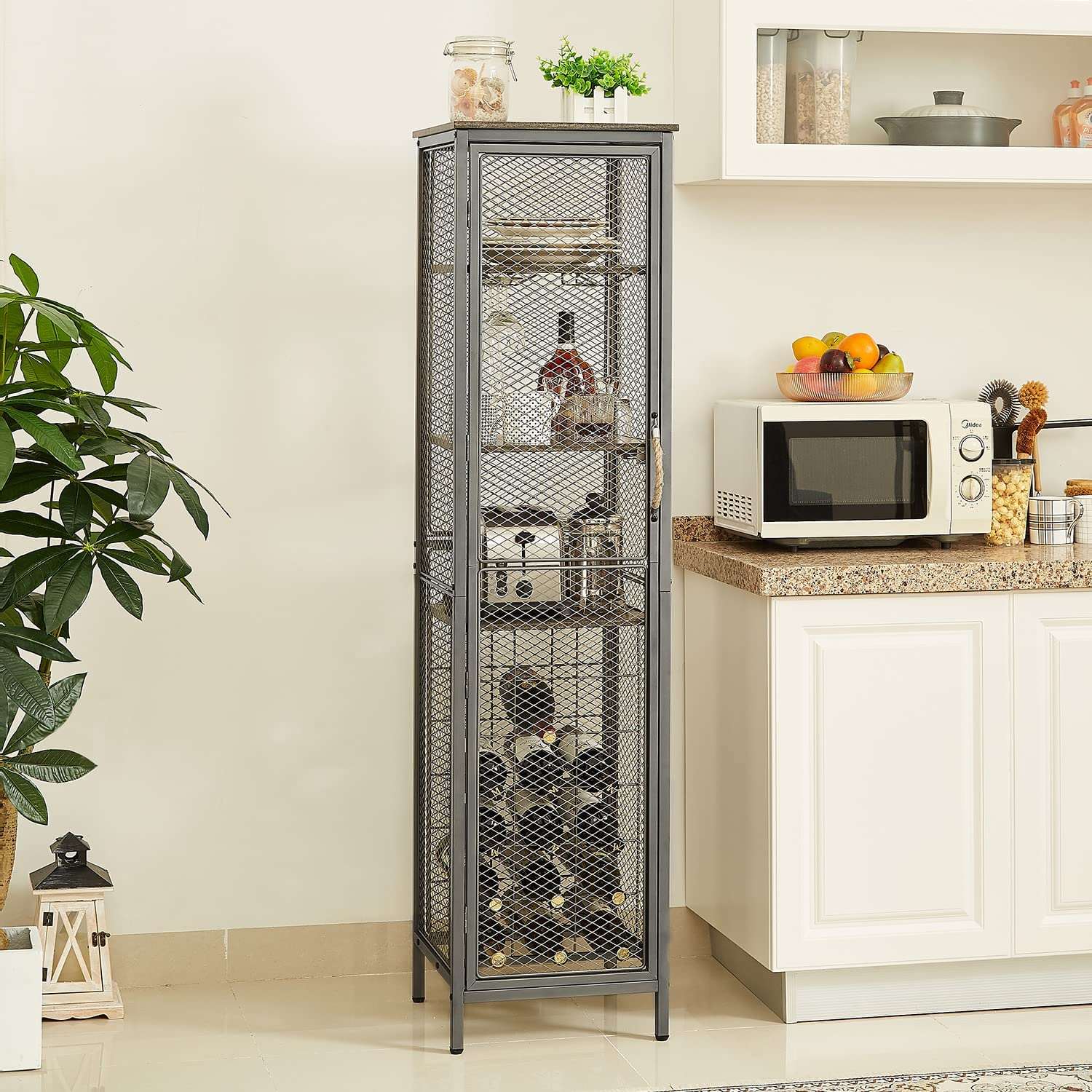 VECELO 3 tier Industrial Wine Bar Rack Storage Cabinet for Liquor and Glasses Holder Dishes