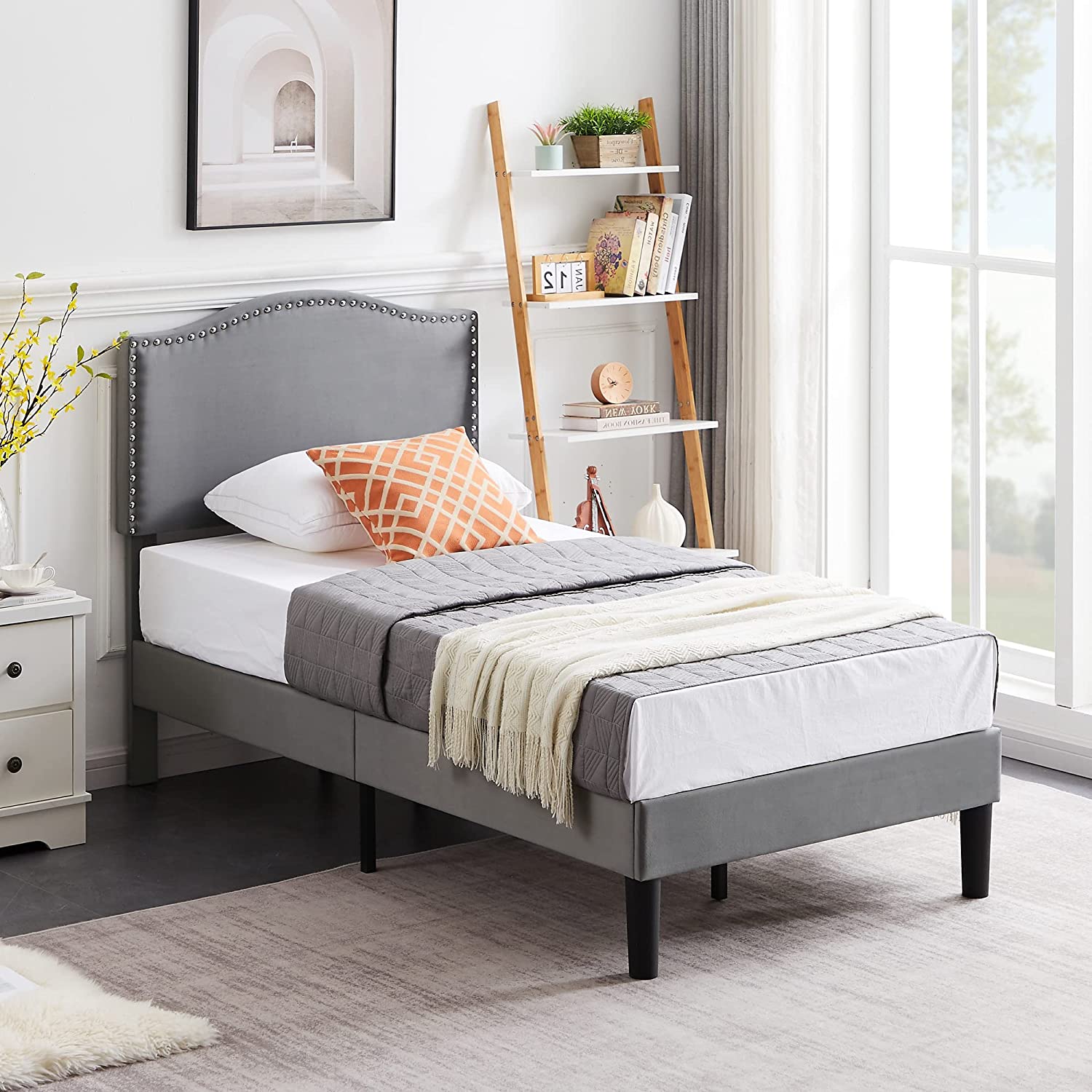 VECELO Bed Frame Platform with Upholstered Headboard & Wooden Slats Support - VECELO