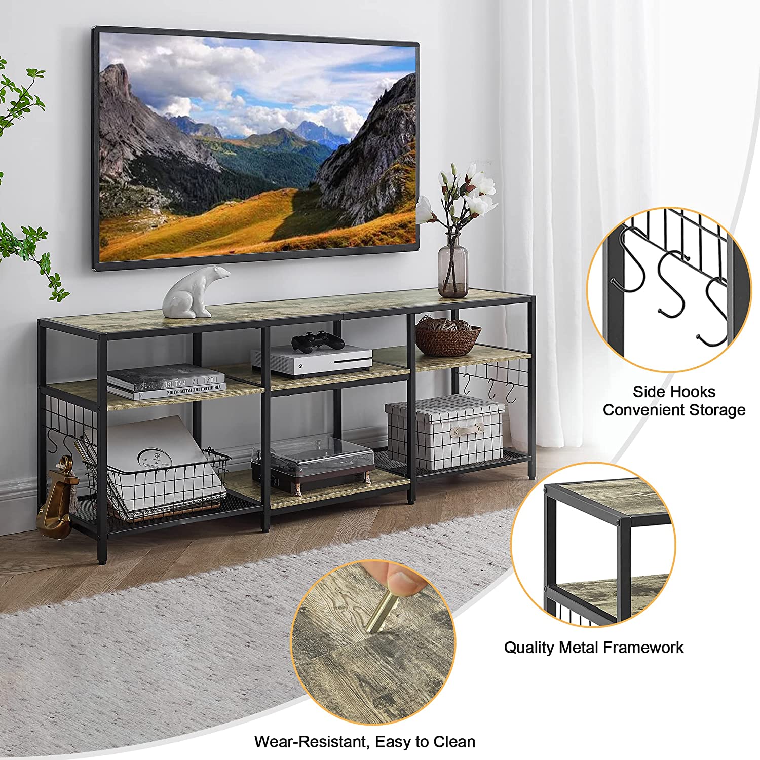 VECELO TV Stand Entertainment Center Media Console with 3-Tier Open Storage Shelves