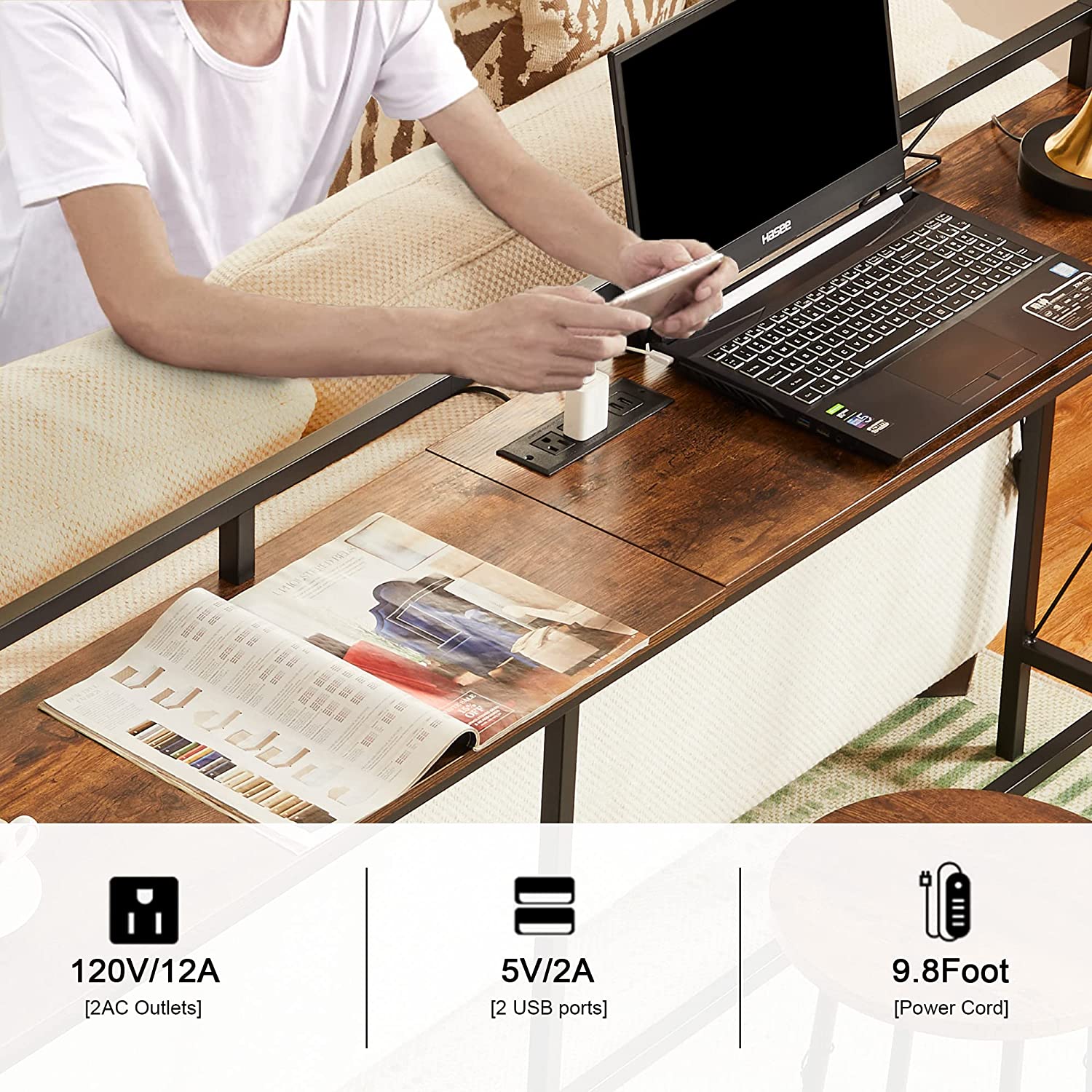 VECELO Extra Long Entryway Narrow Sofa Couch Behind Console Table with Power Outlet & USB Ports - VECELO