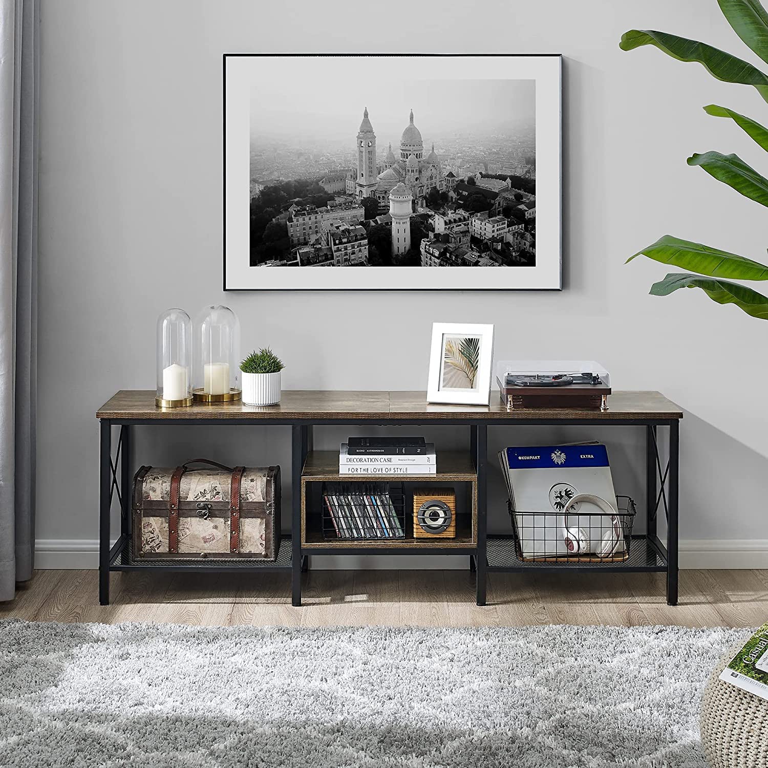 VECELO Industrial TV Stand Television Cabinet 3-Tier Console with Open Storage Shelves, Entertainment Center with Metal Frame for Living Room - VECELO