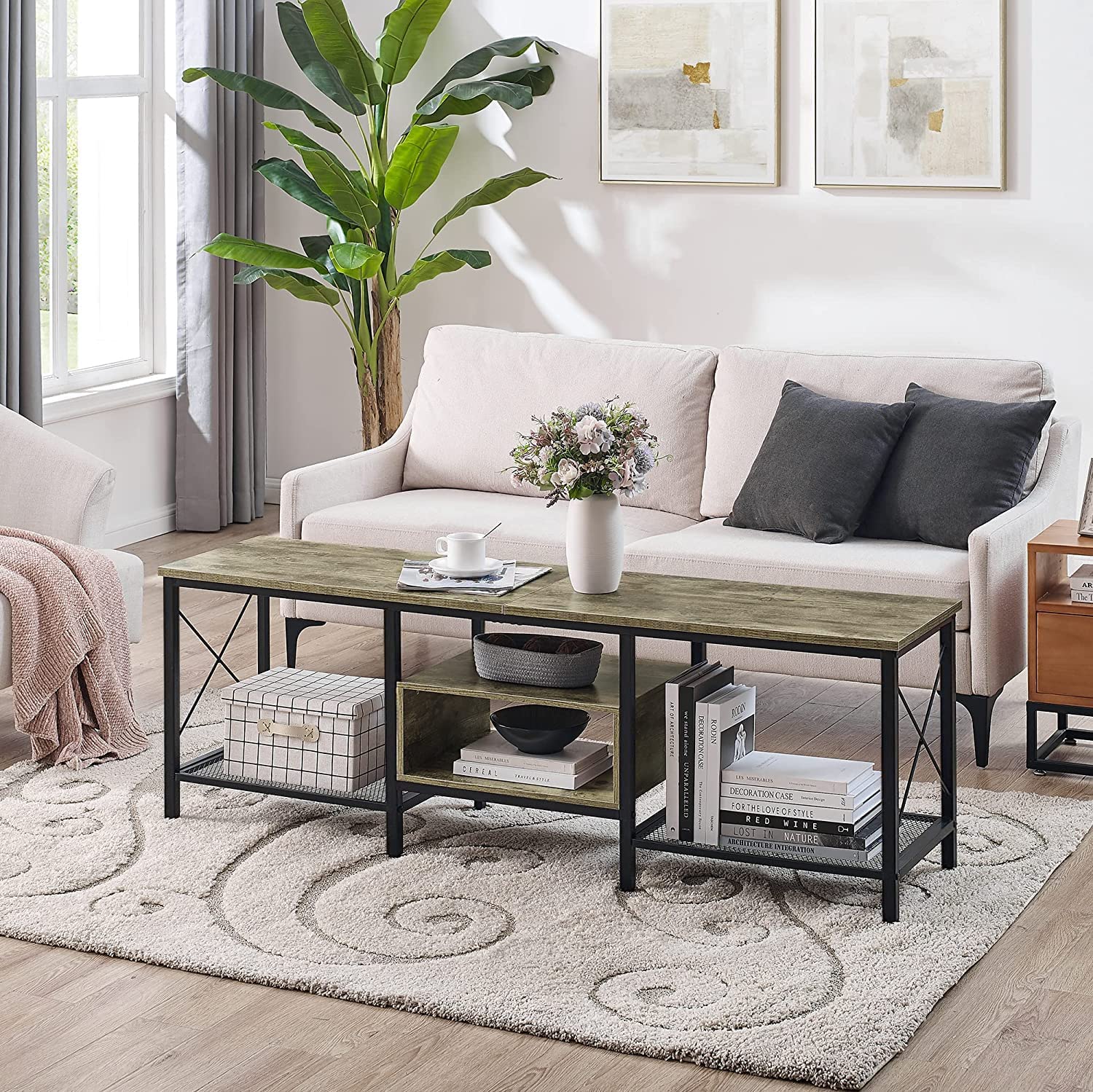 VECELO Industrial TV Stand Television Cabinet 3-Tier Console with Open Storage Shelves, Entertainment Center with Metal Frame for Living Room - VECELO