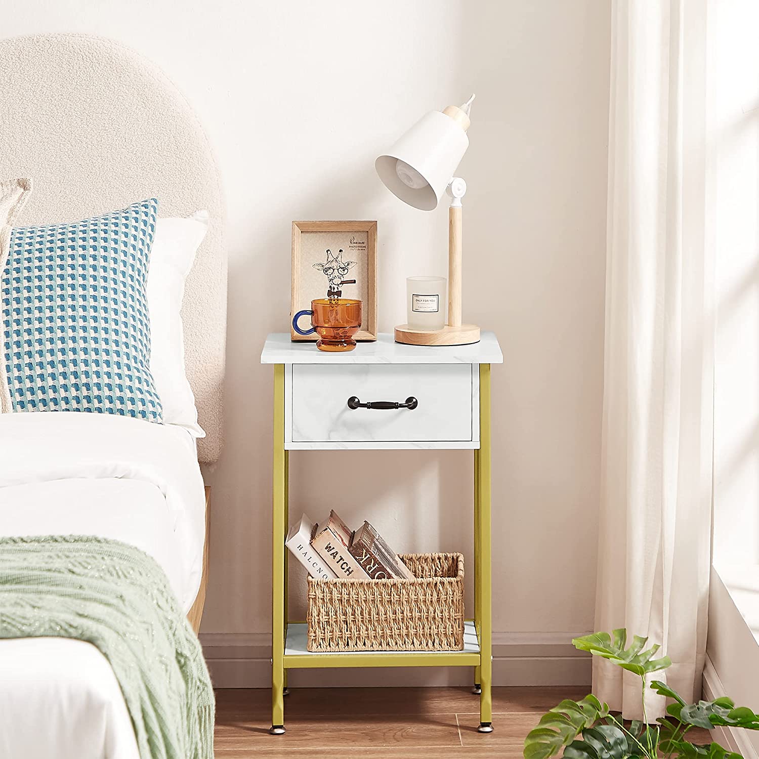 VECELO Industrial End Table,Nightstand with Drawer and Storage Shelf