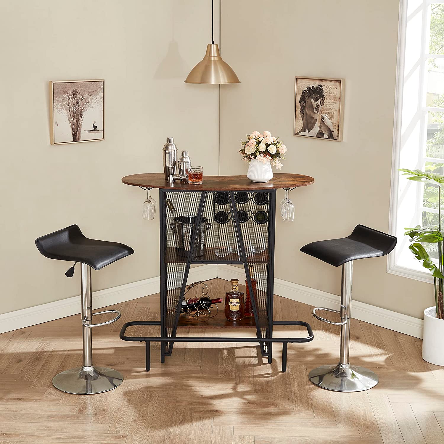 VECELO Bar Unit with Metal Mesh Front, 3-Tier Wine Rack Table with Glasses Holder - VECELO