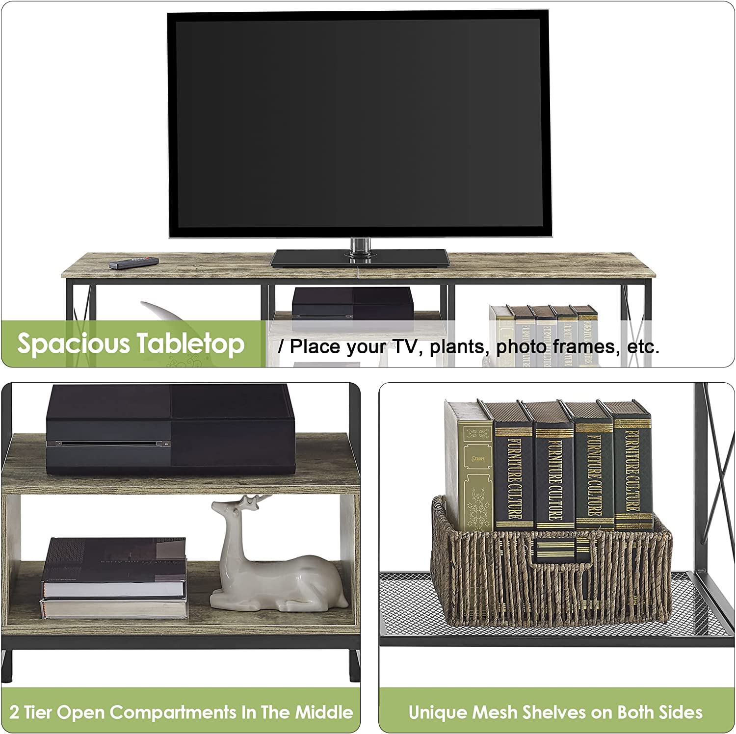 VECELO Industrial TV Stand Television Cabinet 3-Tier Console with Open Storage Shelves, Entertainment Center with Metal Frame for Living Room - VECELO