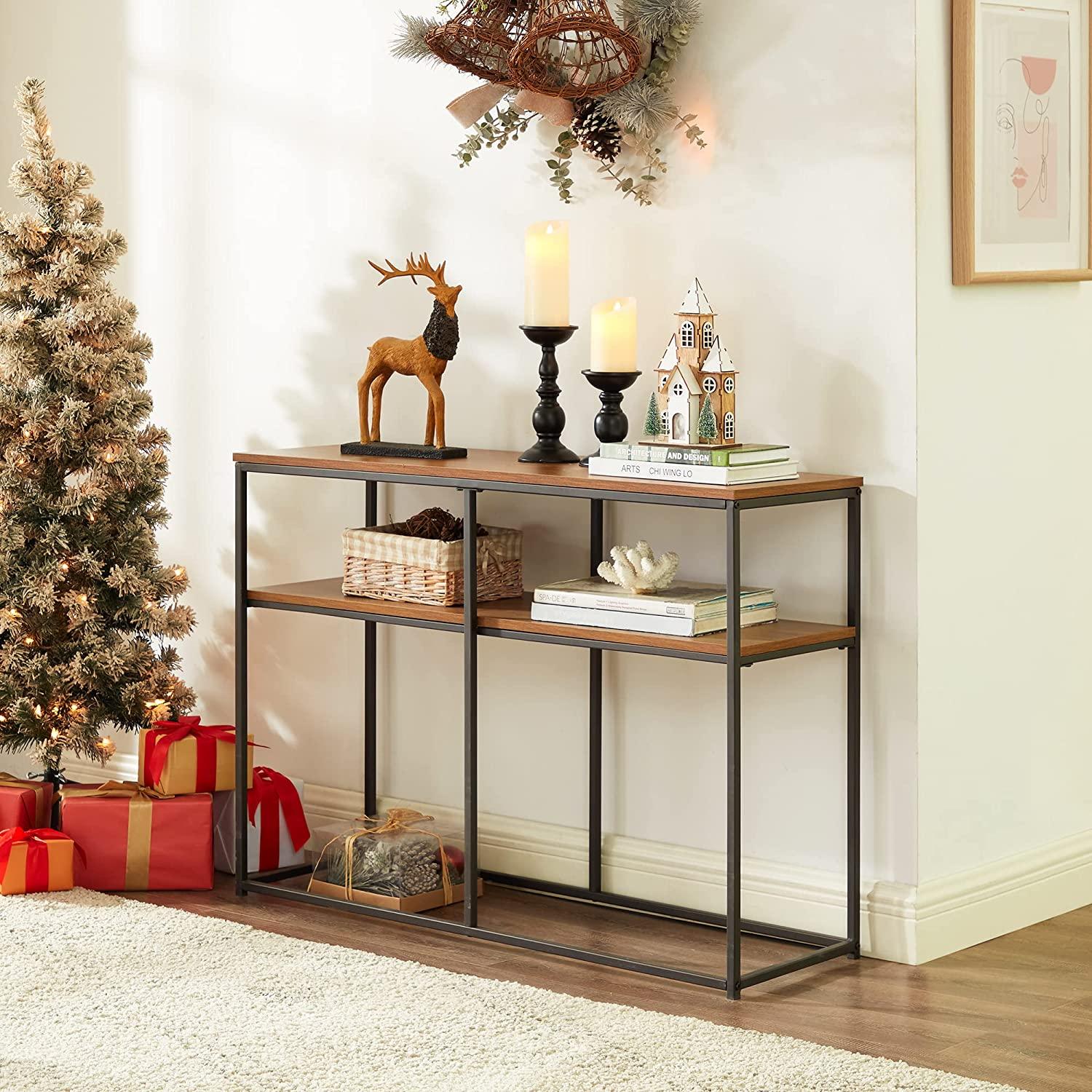 VECELO Multipurpose Console, Narrow Sofa 2-Tier Rustic Hallway Table with Storage Shelves - VECELO