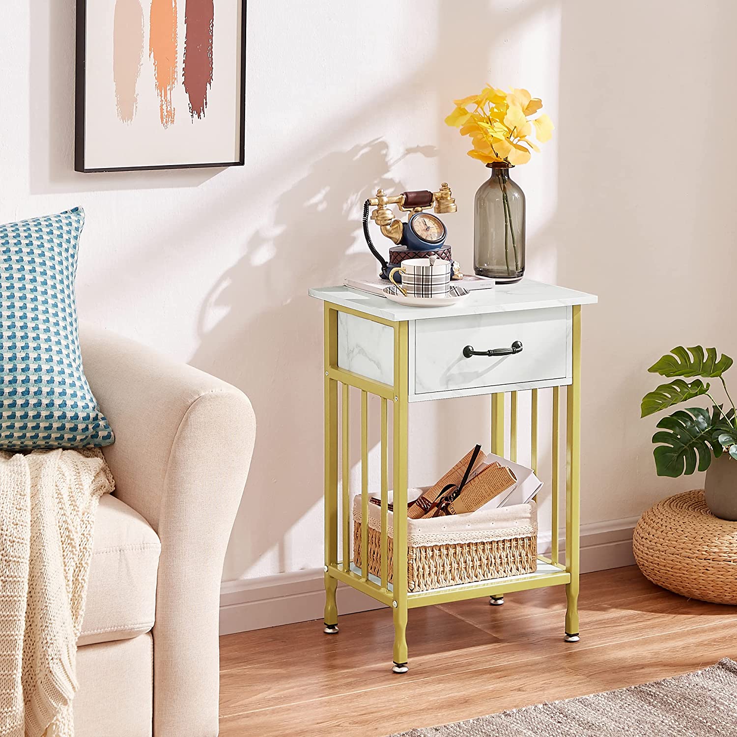 VECELO Industrial End Table,Nightstand with Drawer and Storage Shelf