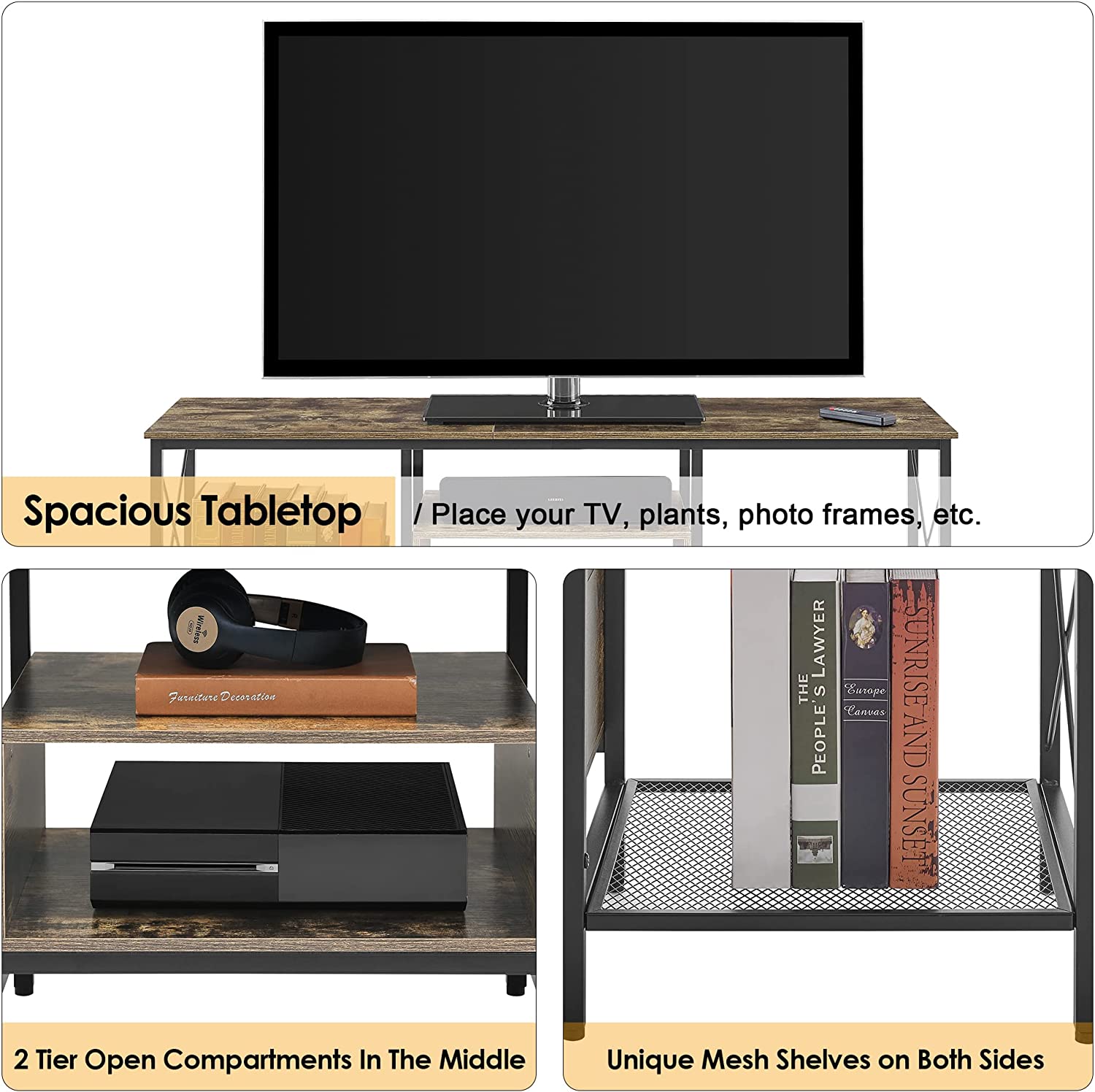 VECELO Industrial TV Stand Television Cabinet 3-Tier Console with Open Storage Shelves, Entertainment Center with Metal Frame for Living Room - VECELO
