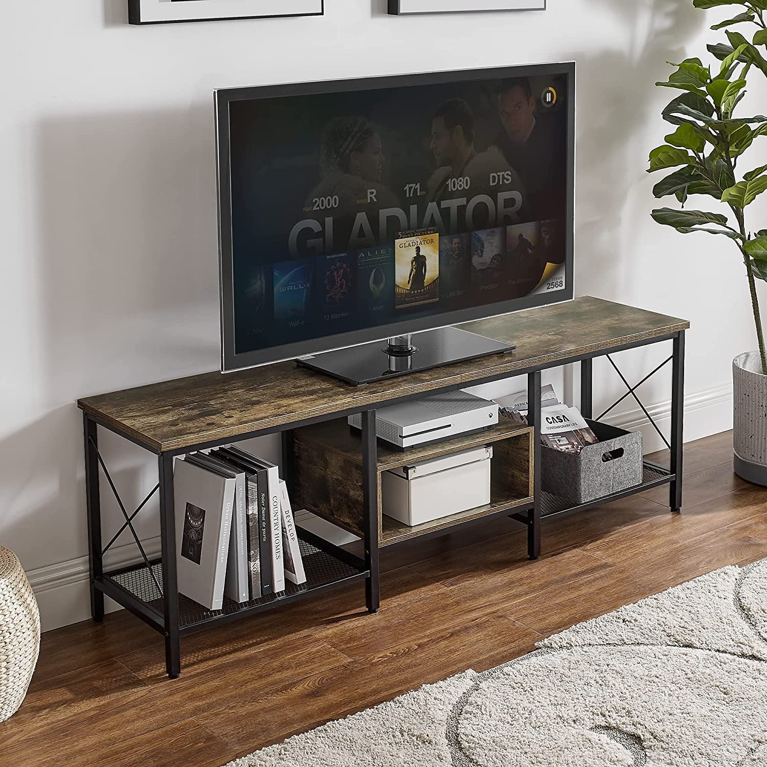 VECELO Industrial TV Stand Television Cabinet 3-Tier Console with Open Storage Shelves, Entertainment Center with Metal Frame for Living Room - VECELO