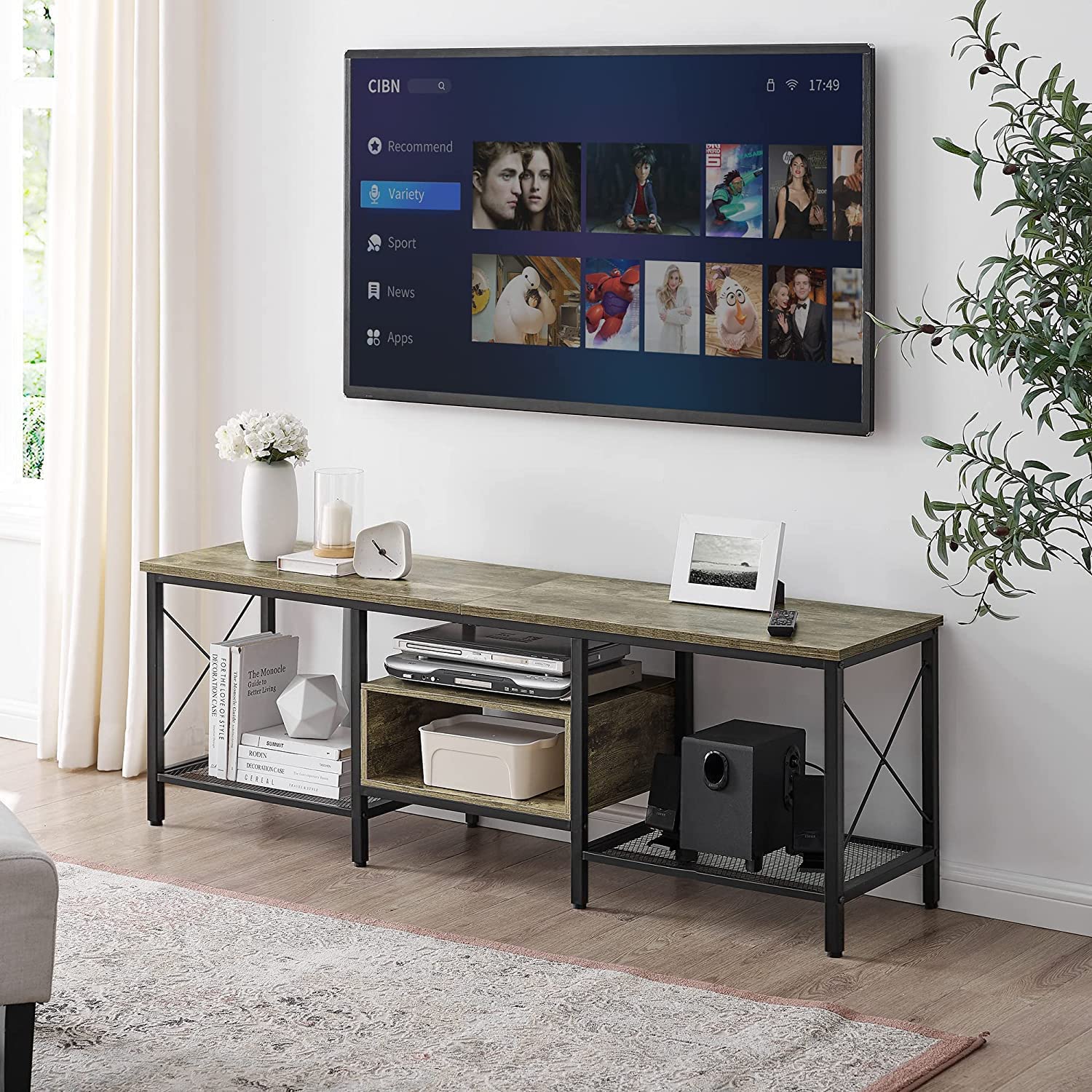 VECELO Industrial TV Stand Television Cabinet 3-Tier Console with Open Storage Shelves, Entertainment Center with Metal Frame for Living Room - VECELO