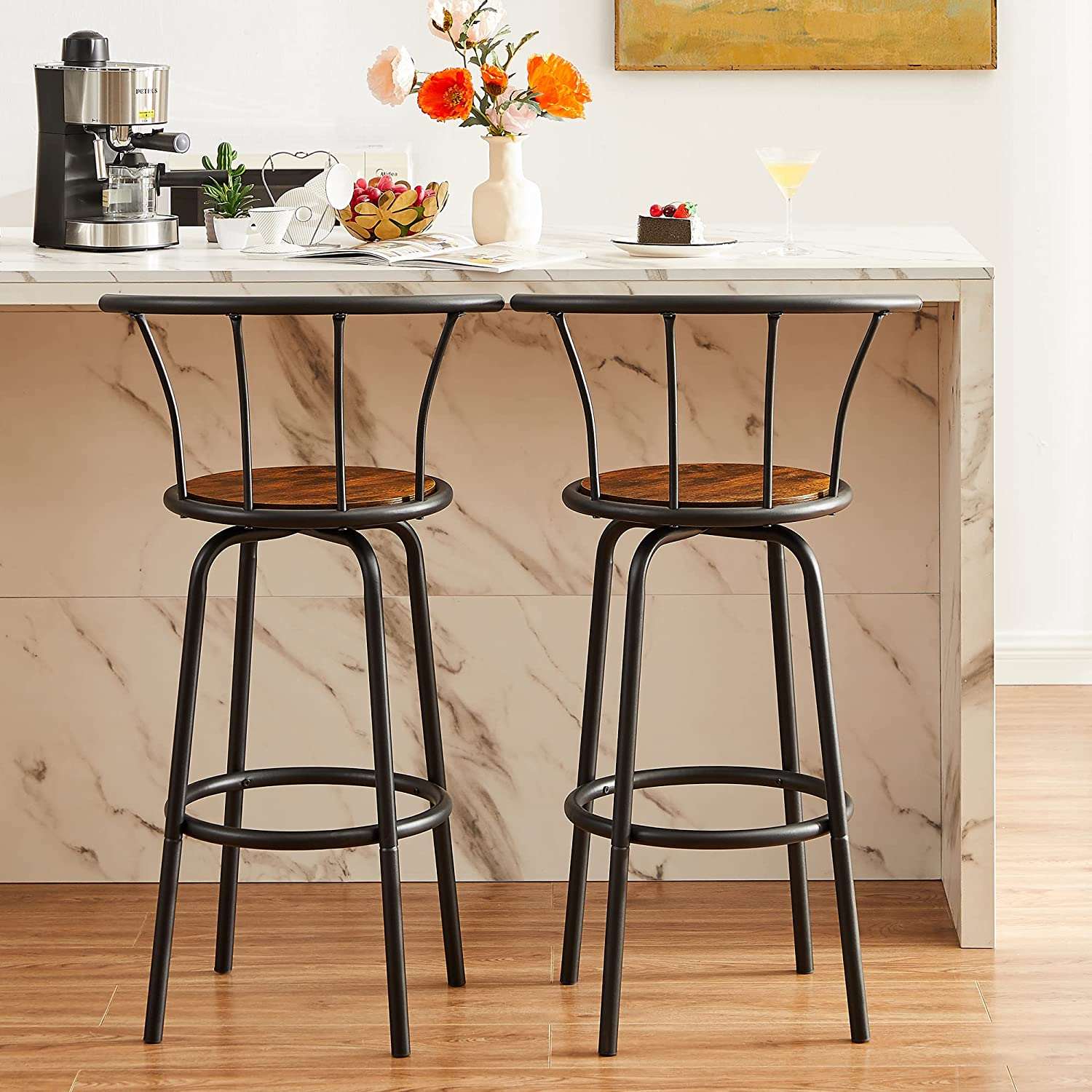 VECELO 27.3 Inch Bar Stools Set of 2 with Back Metal - VECELO