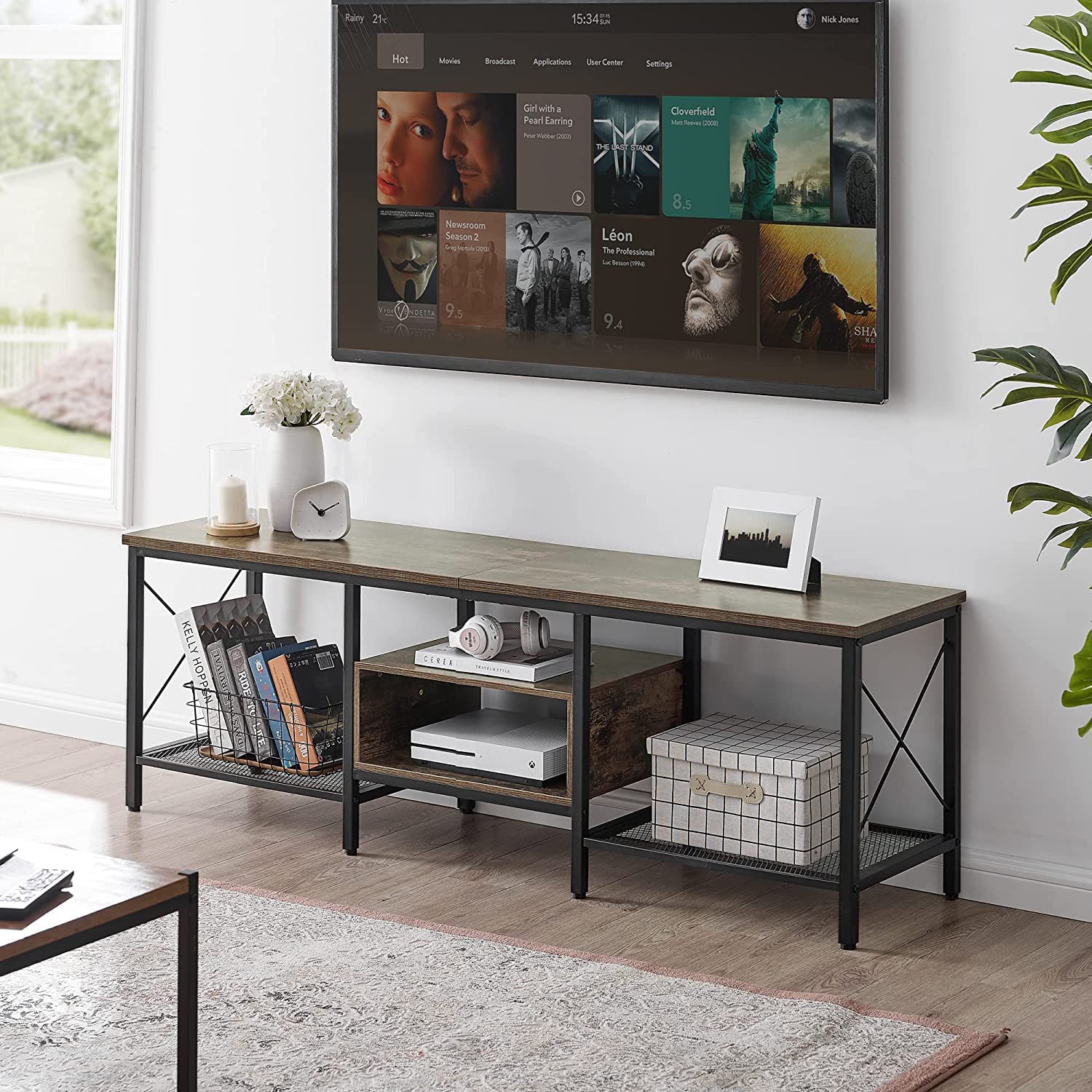 VECELO Industrial TV Stand Television Cabinet 3-Tier Console with Open Storage Shelves, Entertainment Center with Metal Frame for Living Room - VECELO