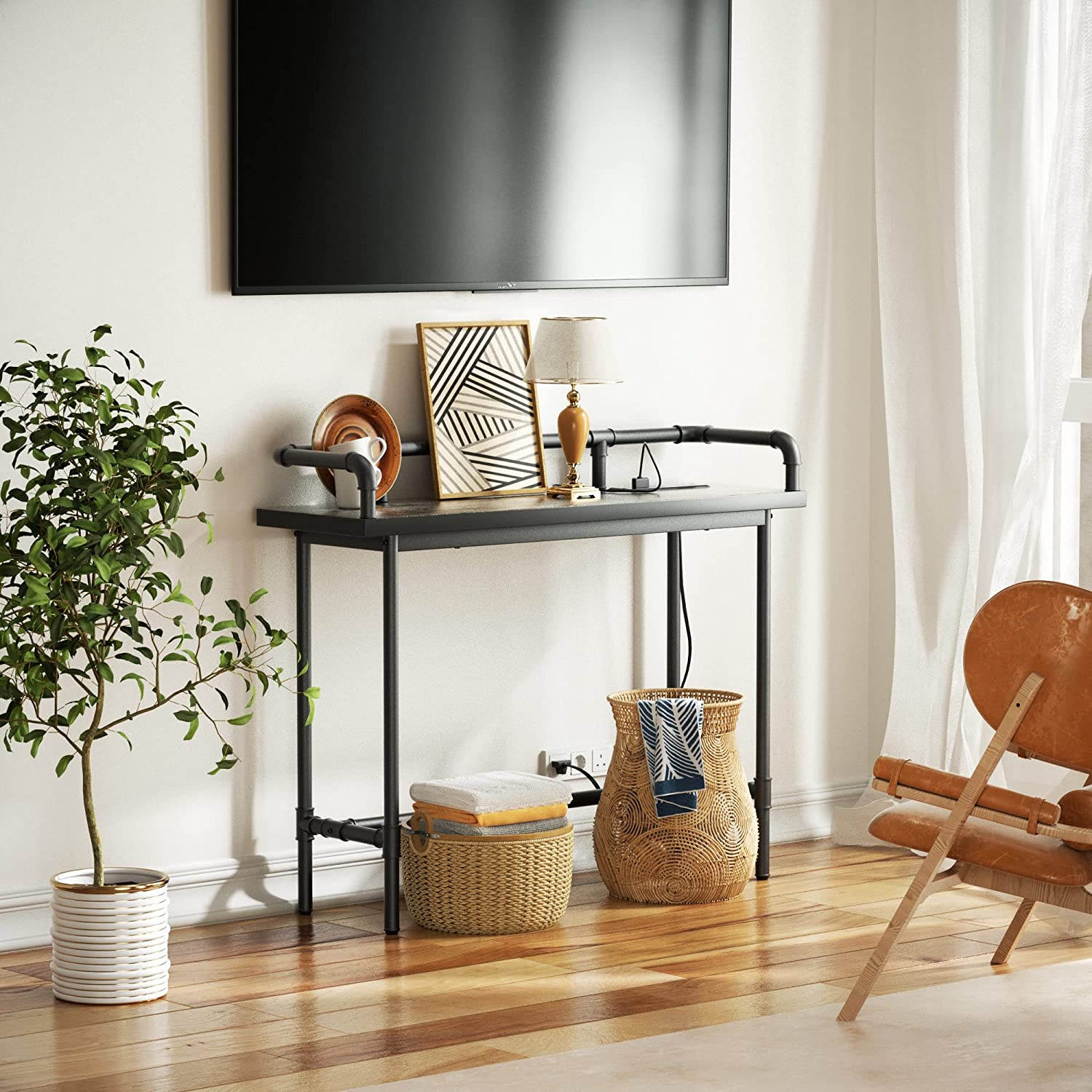 VECELO Extra Long Console/Sofa Table with Charging Station&Power Outle - VECELO