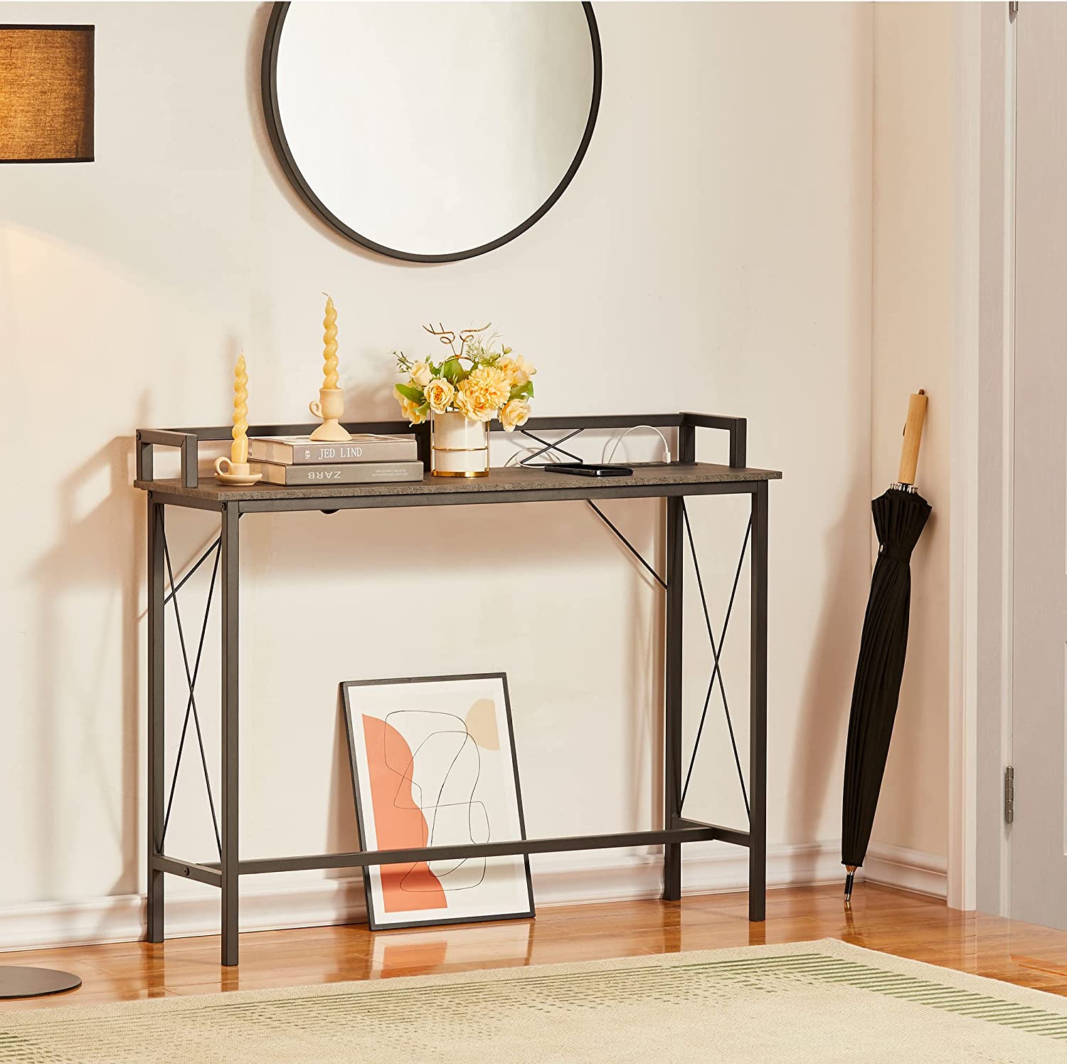 VECELO Extra Long Entryway Narrow Sofa Couch Behind Console Table with Power Outlet & USB Ports - VECELO