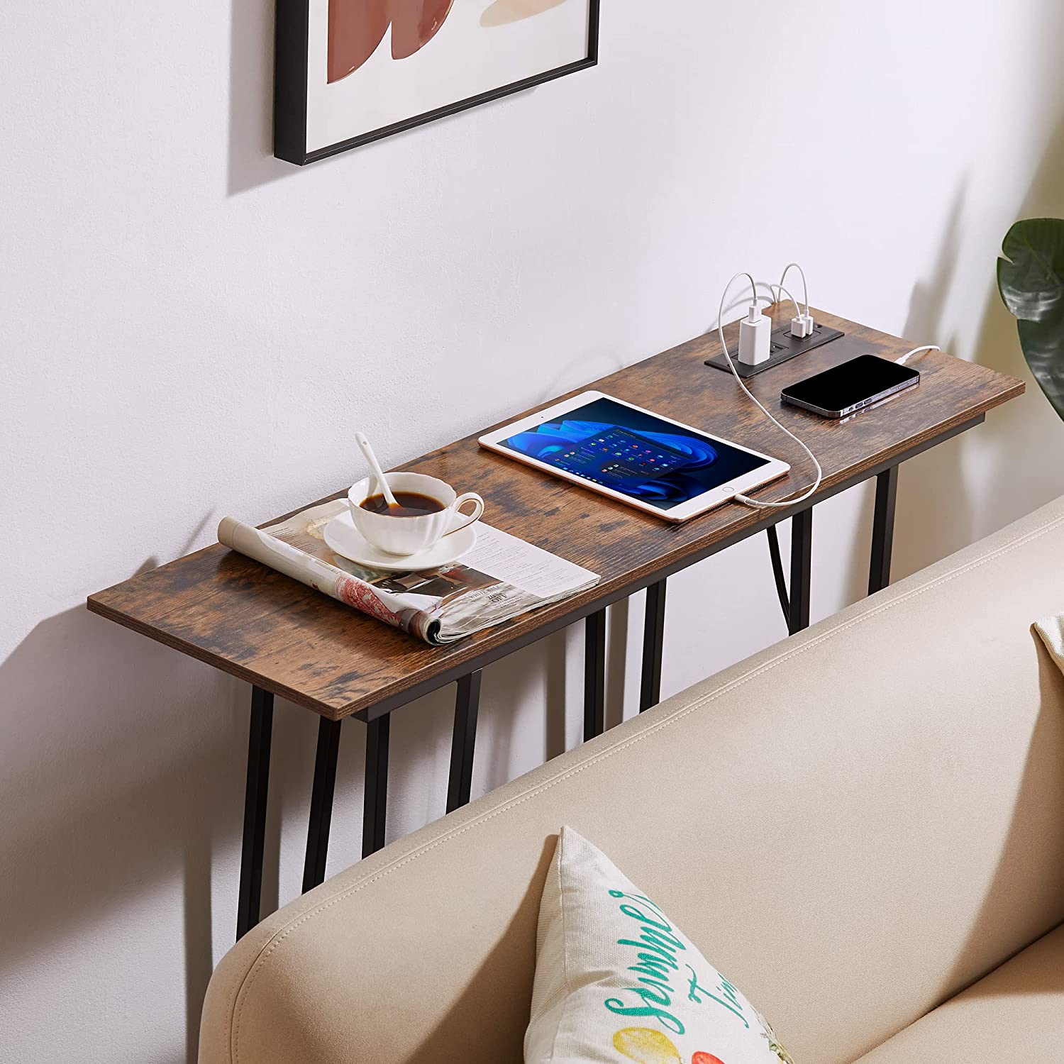 VECELO Couch Side & Console Table with 2 Outlets & 2 USB Ports - VECELO