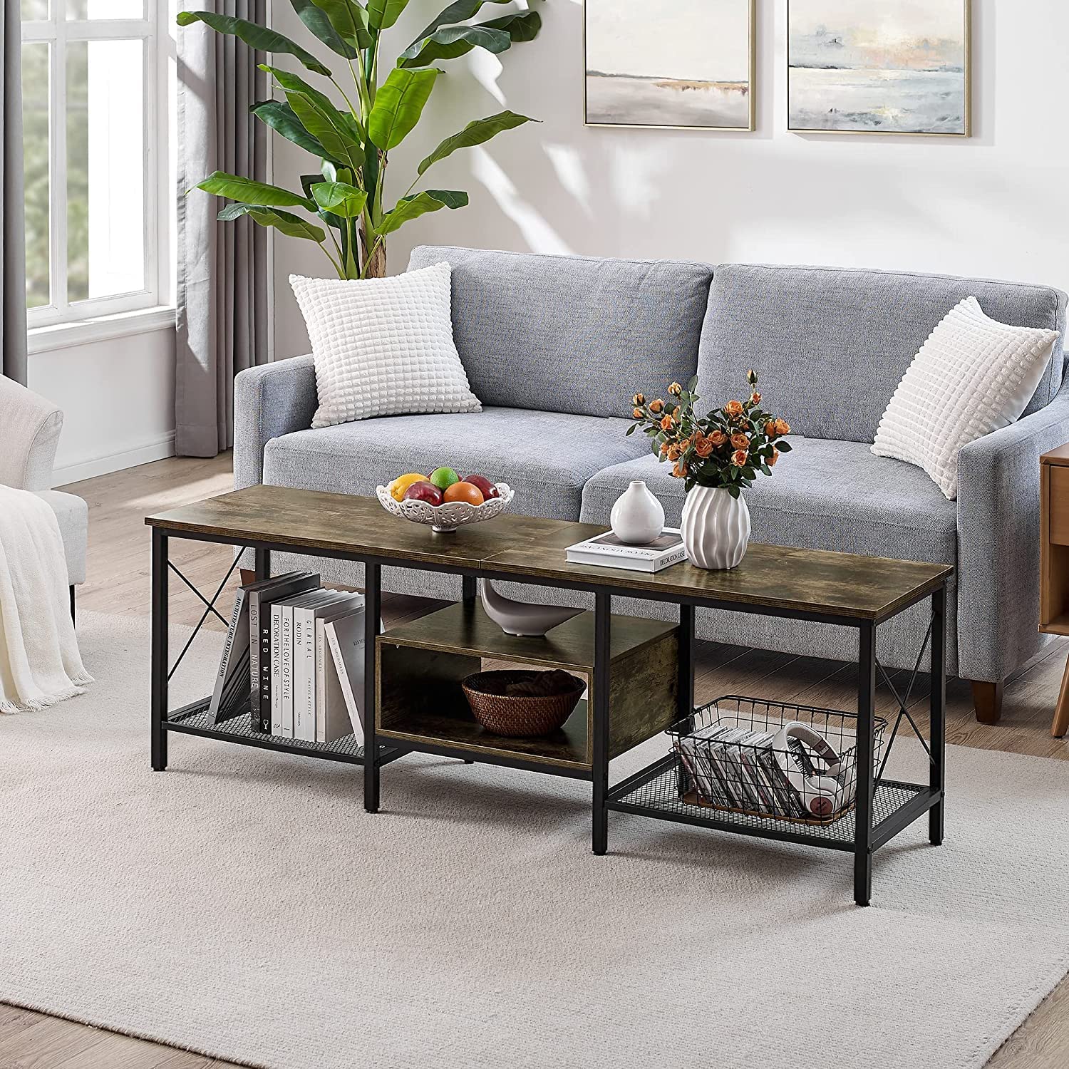 VECELO Industrial TV Stand Television Cabinet 3-Tier Console with Open Storage Shelves, Entertainment Center with Metal Frame for Living Room - VECELO