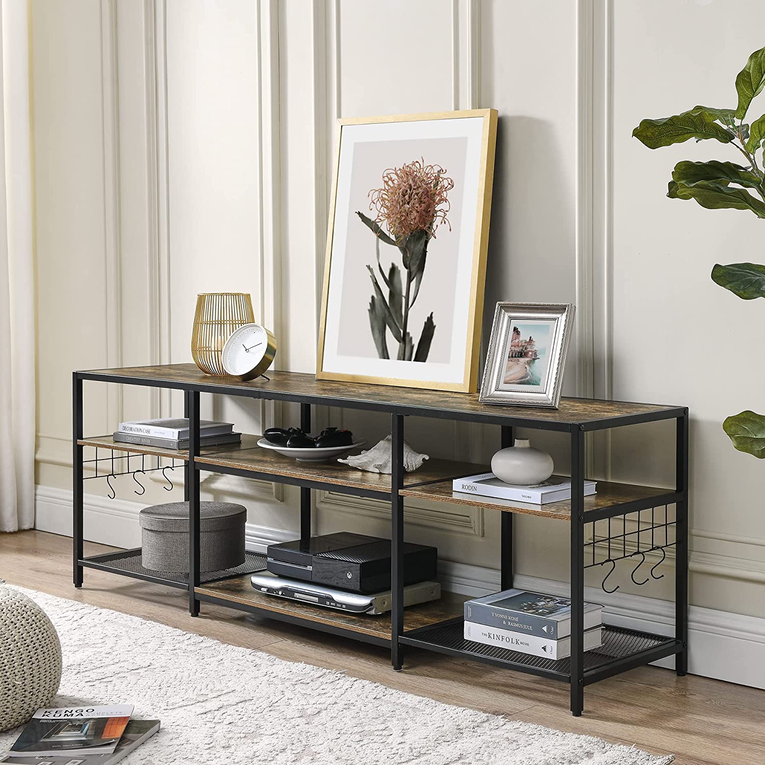 VECELO TV Stand Entertainment Center Media Console with 3-Tier Open Storage Shelves, Cabinet Table for Living Room Brown