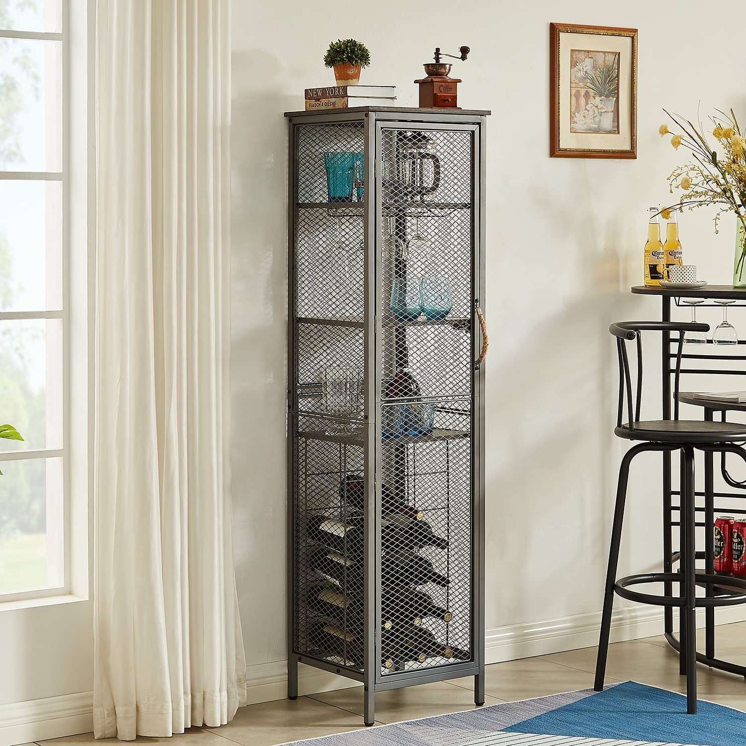 VECELO 3 tier Industrial Wine Bar Rack Storage Cabinet for Liquor and Glasses Holder Dishes
