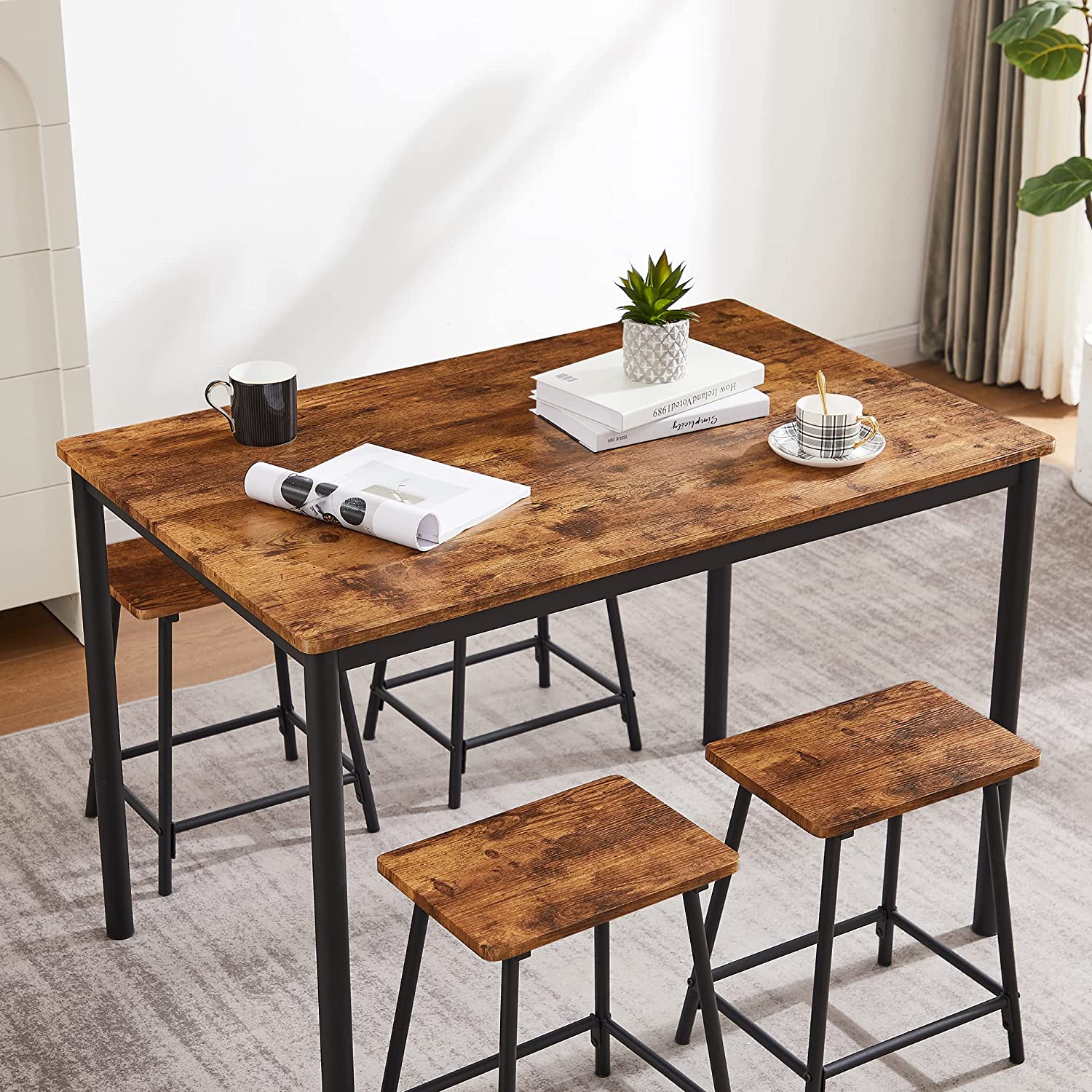 VECELO 5-Piece Dining Table Set Metal and Wood Kitchen Furniture with 4 Stools